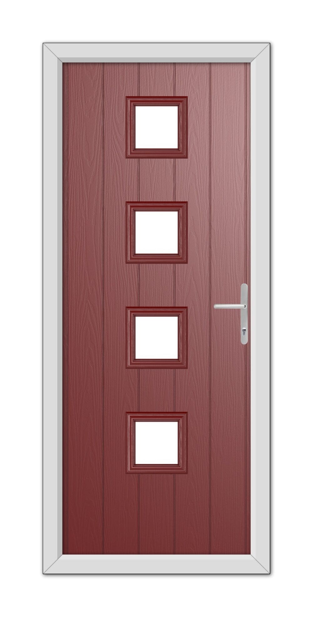 A modern Red Hamilton Composite Door 48mm Timber Core with four rectangular windows and a silver handle, set in a white frame.