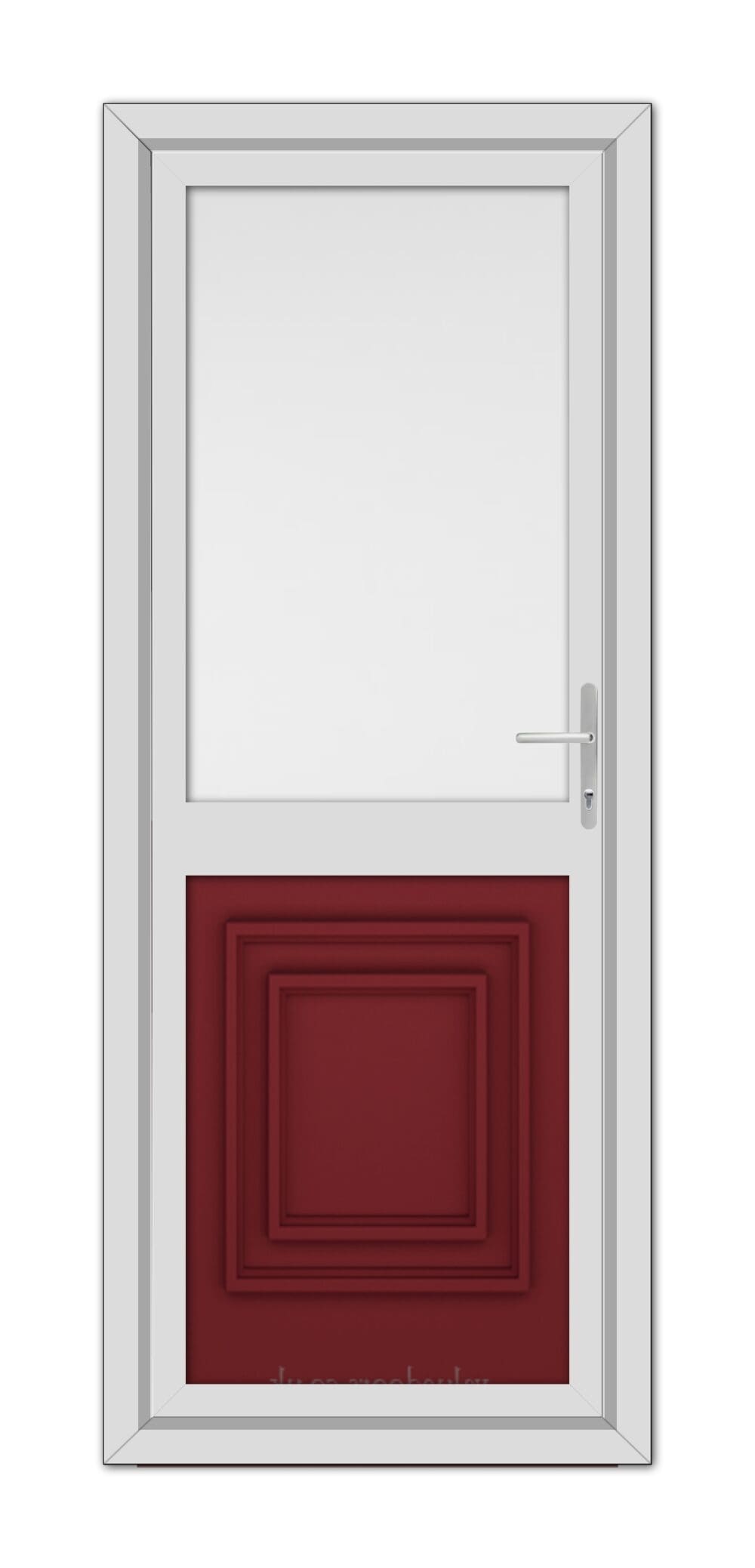 A modern Red Hannover Half uPVC Back Door with a white frame and a large red panel at the bottom, featuring a smaller window at the top and a metal handle on the right side.