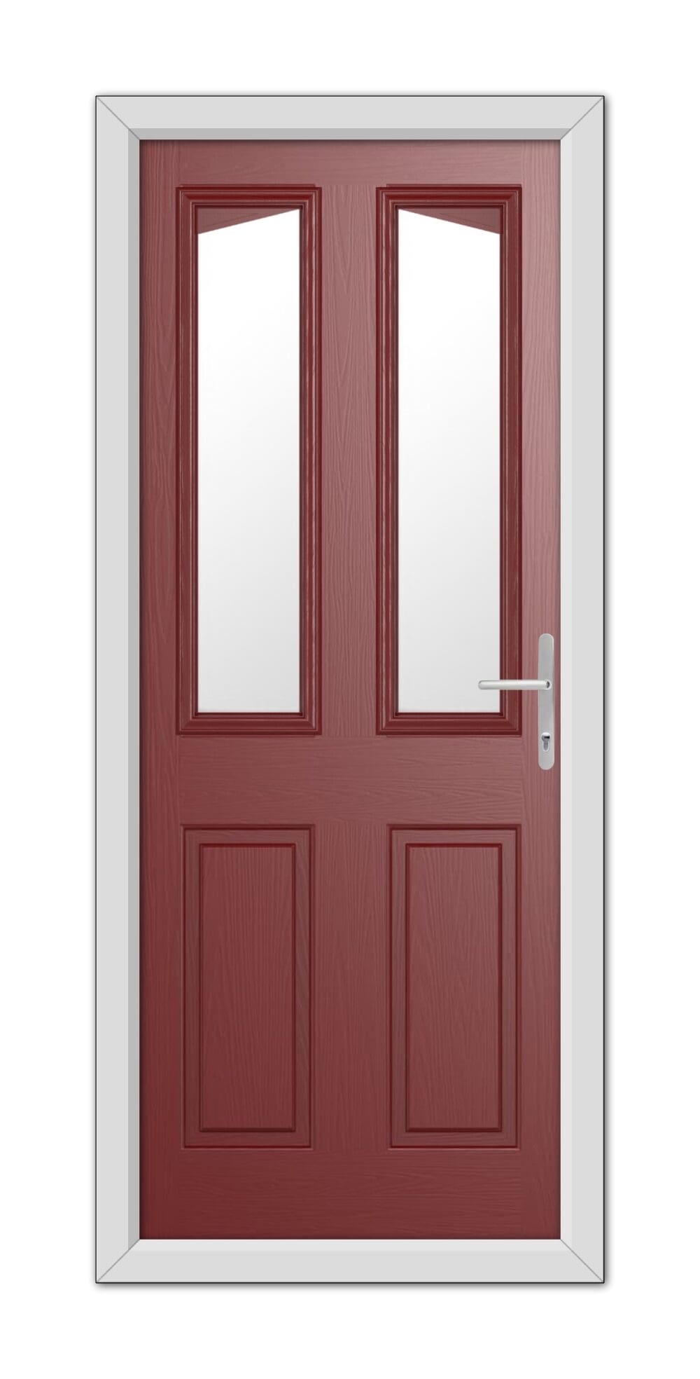 Red Highbury Composite Door 48mm Timber Core with white trim, featuring rectangular windows at the top and a silver handle on the right.