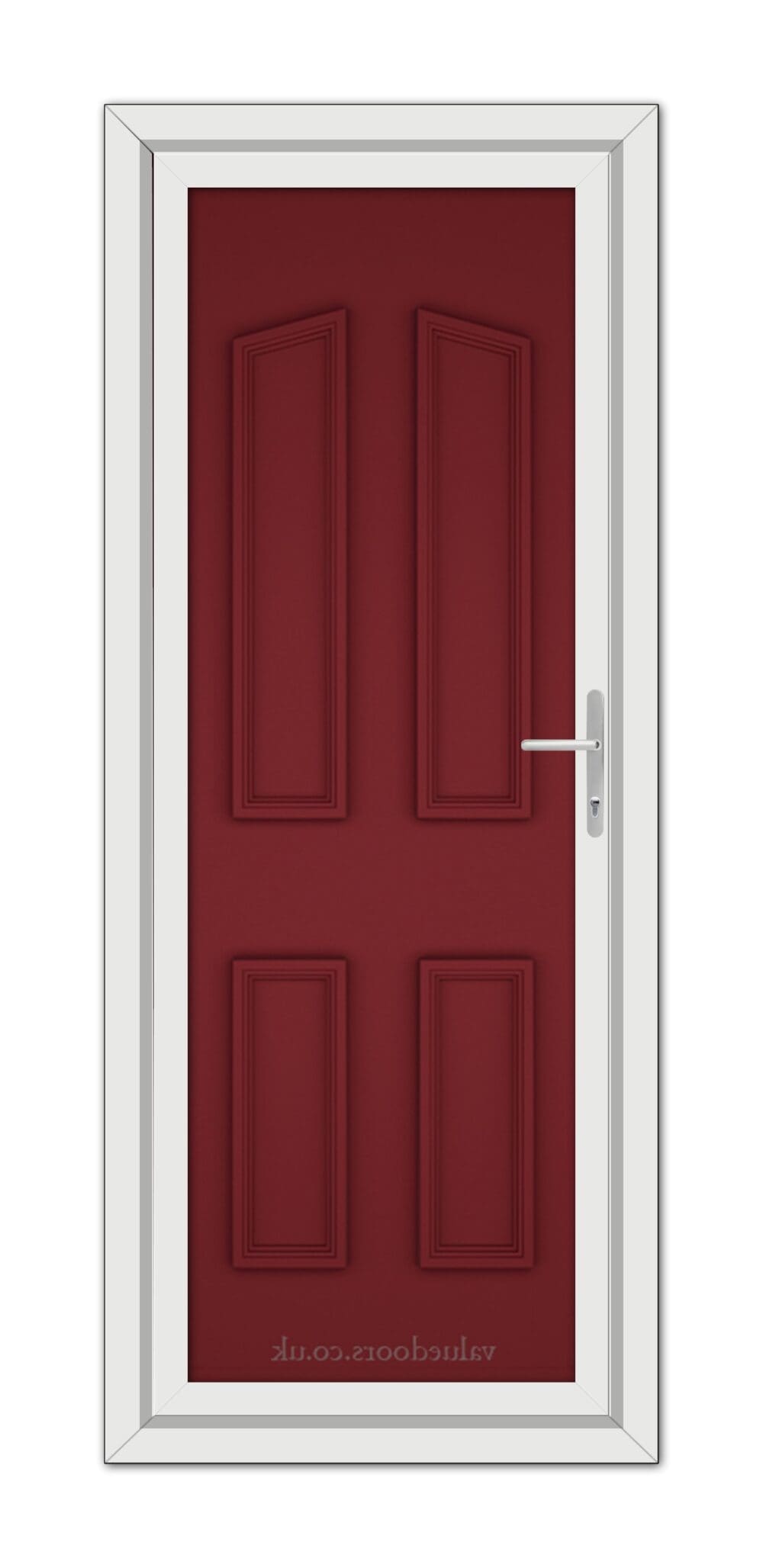 A modern Red Kensington Solid uPVC Door with a silver handle, set within a white door frame.