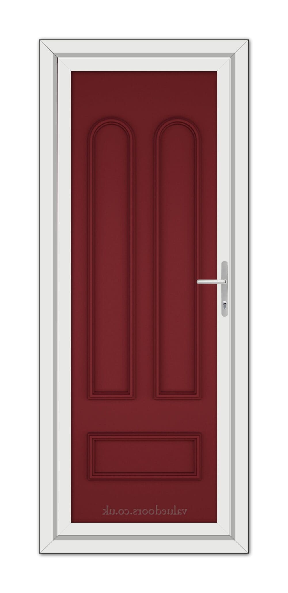 A modern Red Madrid Solid uPVC door with a white frame and a silver handle, viewed head-on.