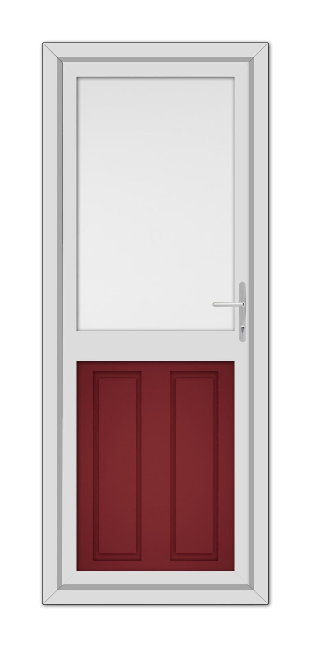 A modern Red Manor Half uPVC Back Door with a small upper window, featuring two lower red panels and a metallic handle on the right side.