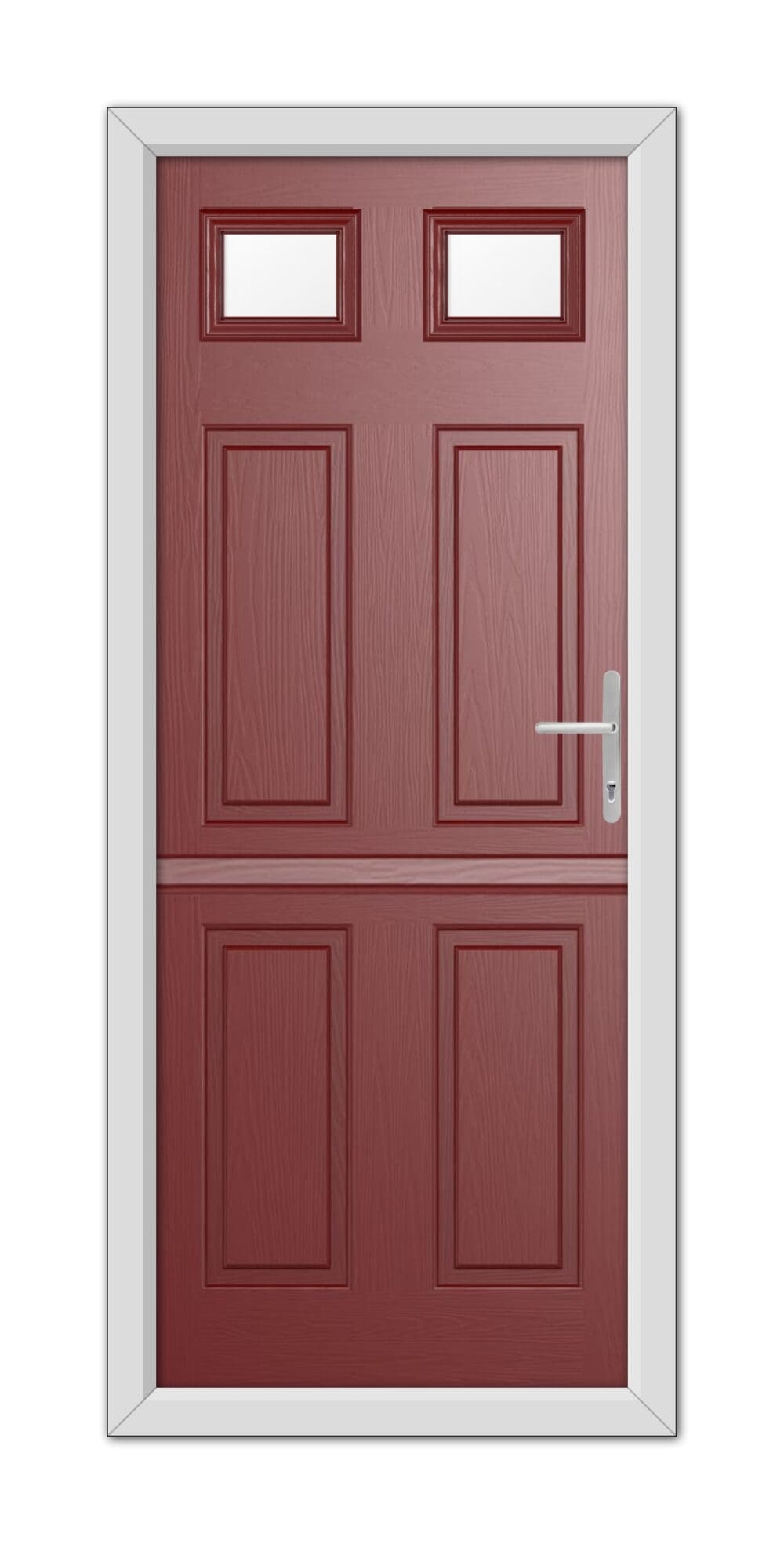 A modern Red Middleton Glazed 2 Stable Composite Door 48mm Timber Core with four panels and three small square windows, framed in white, featuring a silver handle on the right side.