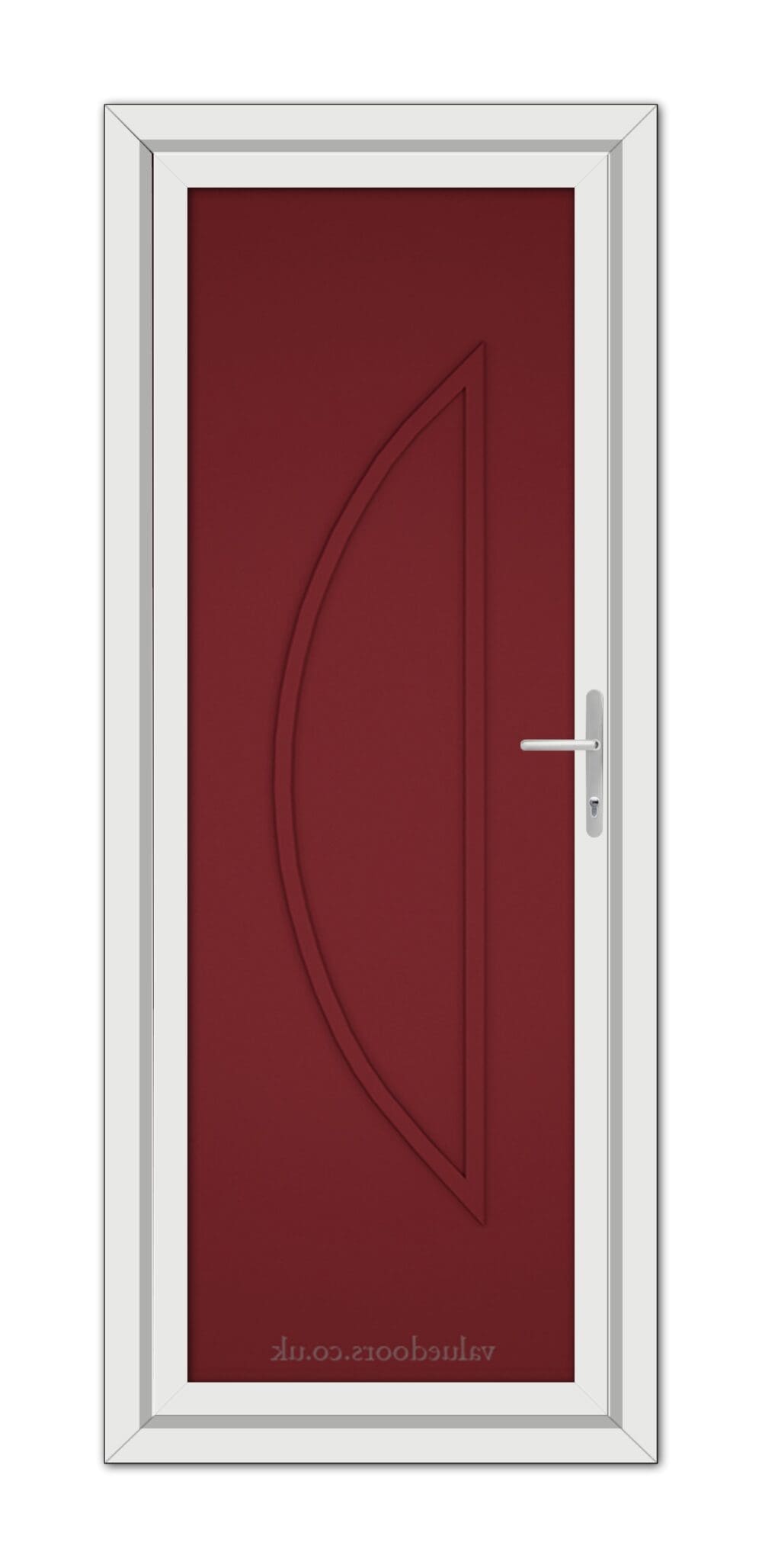 An upright image of a Red Modern 5051 Solid uPVC Door embedded in a white frame, featuring a sleek silver handle on the right side.