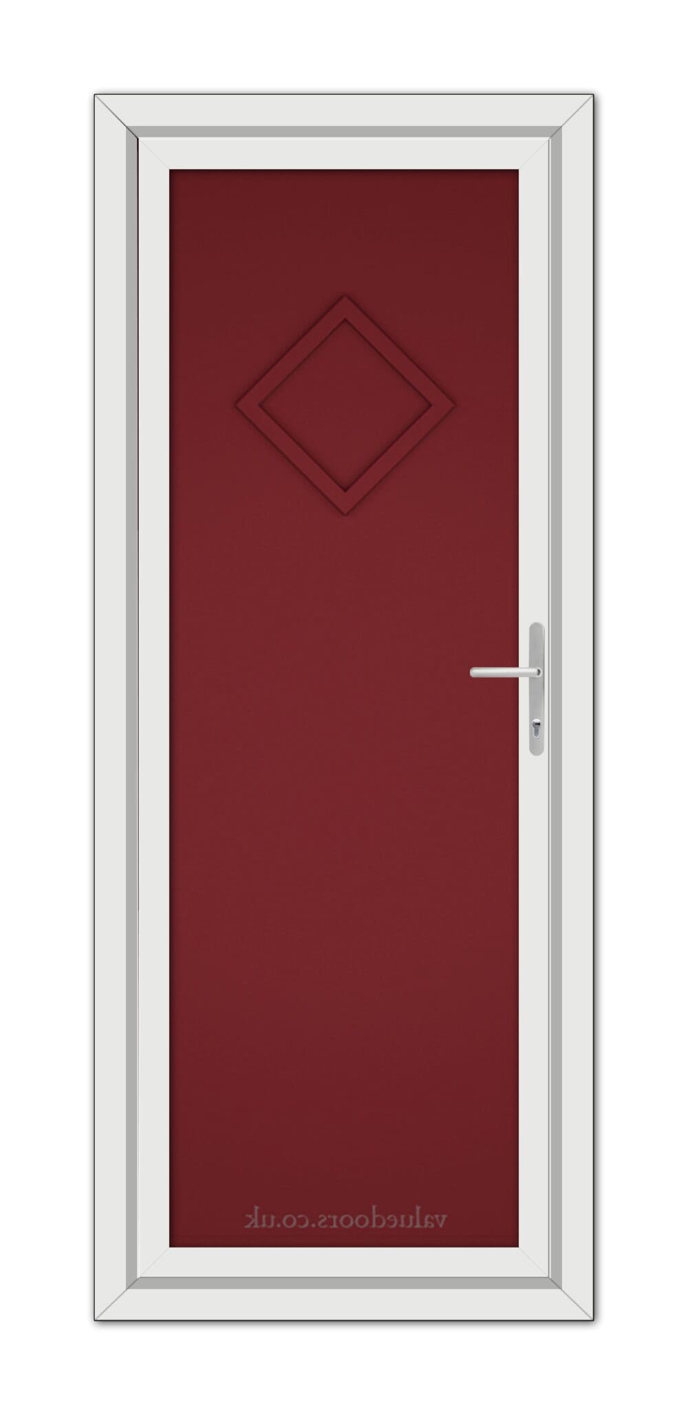 A vertical image of a closed Red Modern 5131 Solid uPVC Door with a diamond-shaped design in the center, framed in white with a silver handle on the right.