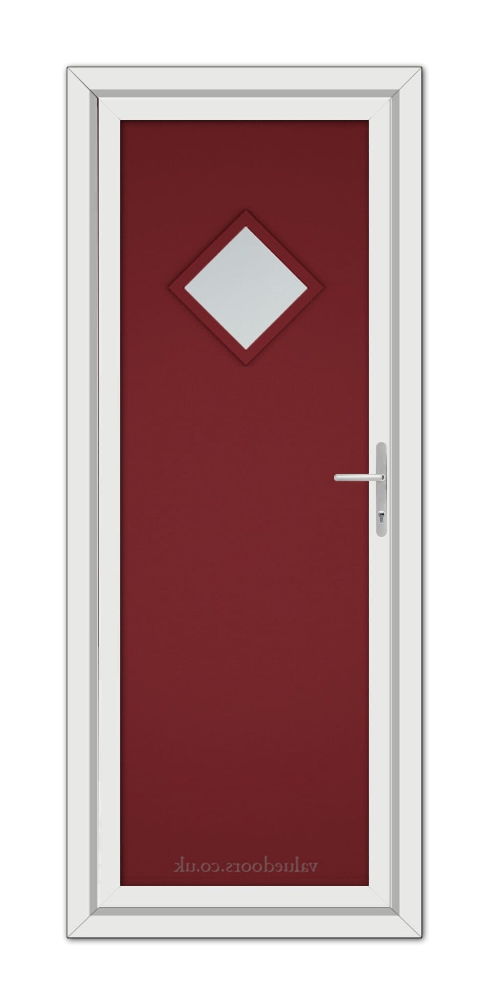 A Red Modern 5131 uPVC door with a diamond-shaped window at the center, encased in a white frame, featuring a modern handle on the right side.