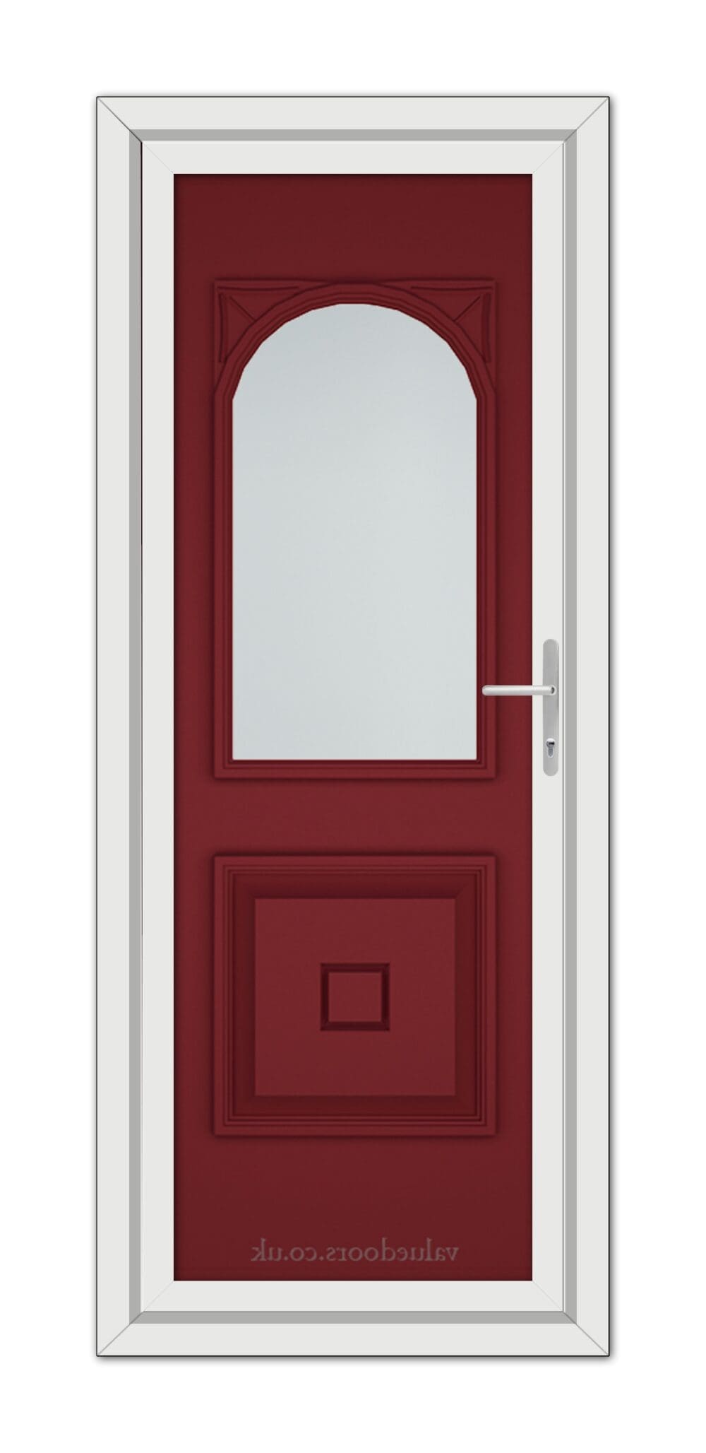 A Red Reims uPVC Door with a vertical window at the top and a metallic handle, set within a white door frame.