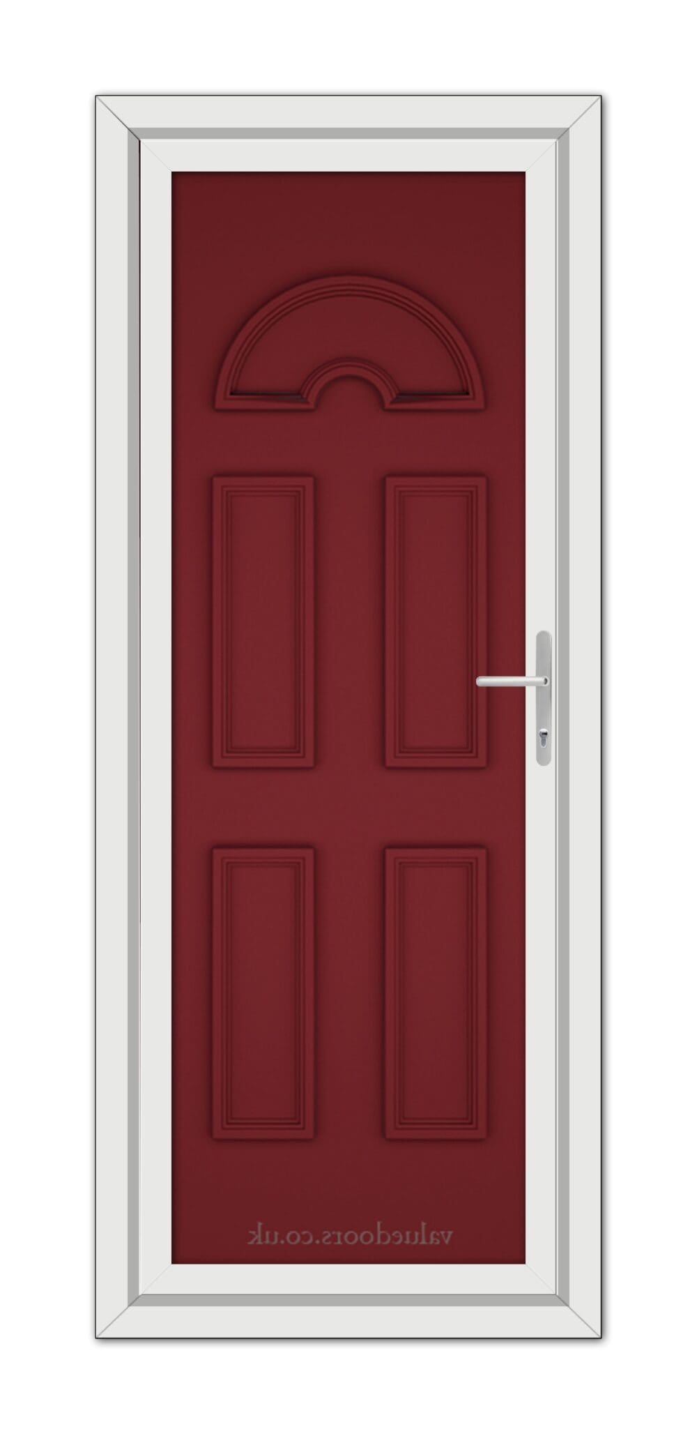 A closed Red Sandringham Solid uPVC Door with a semi-circular window at the top, surrounded by a white frame, featuring a metallic handle on the right side.