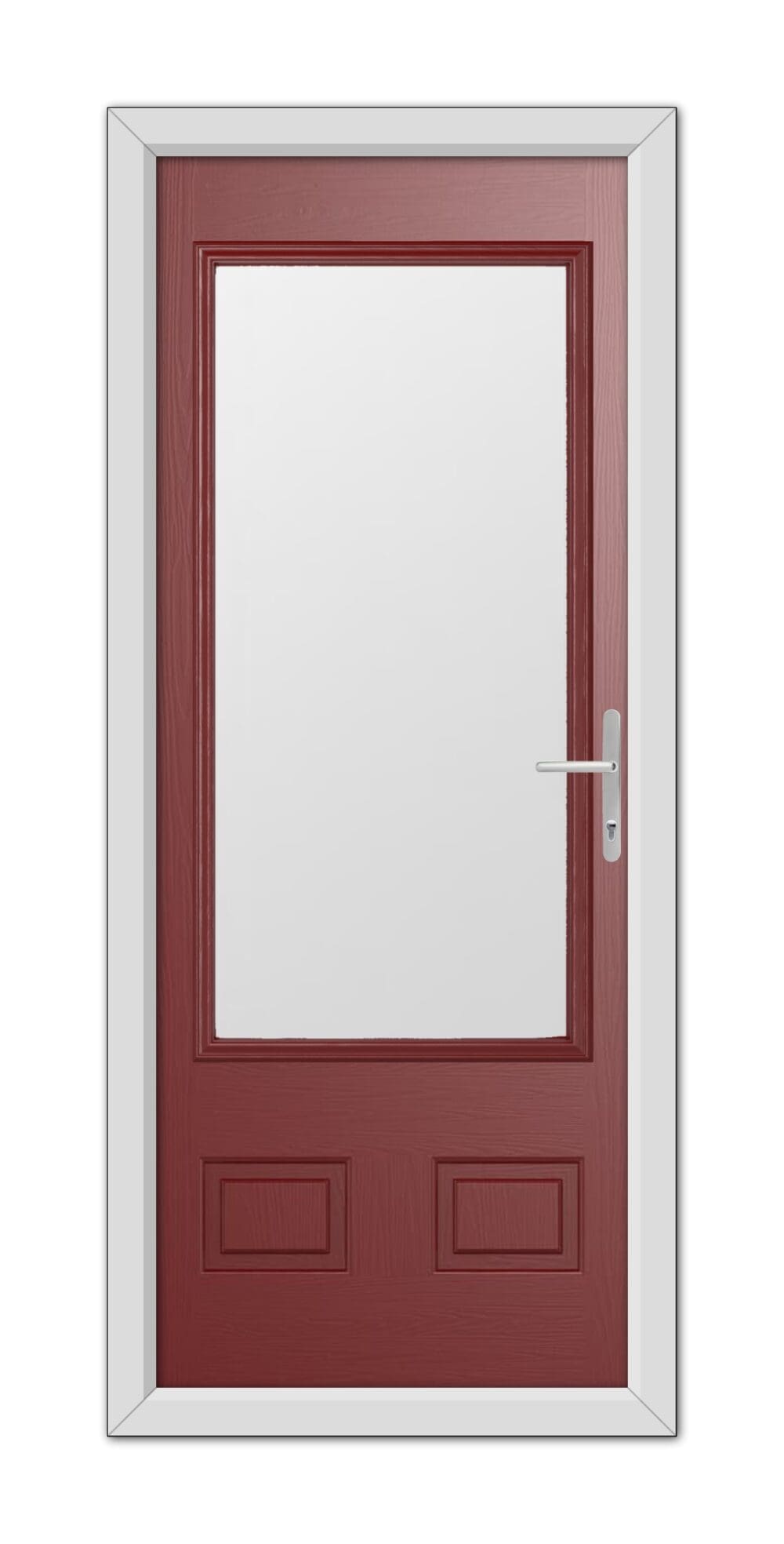 A standard closed red Walcot Composite Door 48mm Timber Core with a white panel, set within a white frame, featuring a metallic handle on the right side.