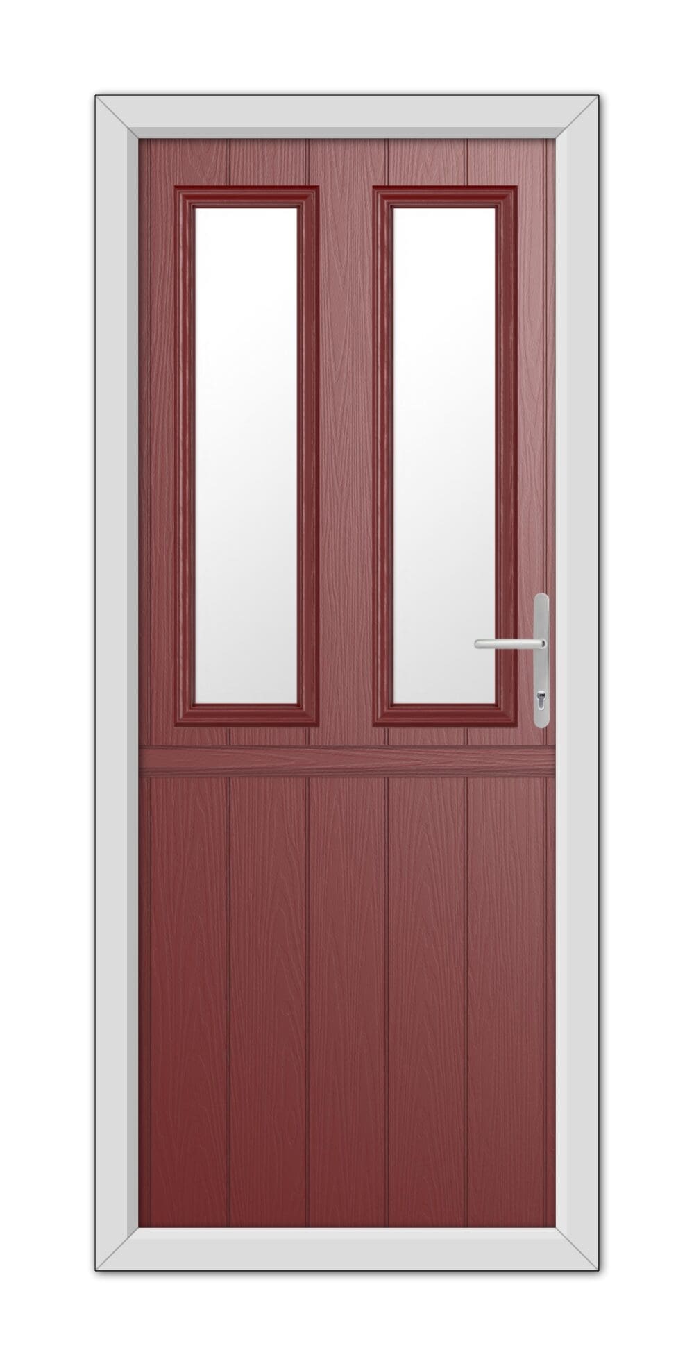 A modern Red Wellington Stable Composite Door 48mm Timber Core in a mahogany finish, featuring two vertical glass panels and a metallic handle, set in a white frame.