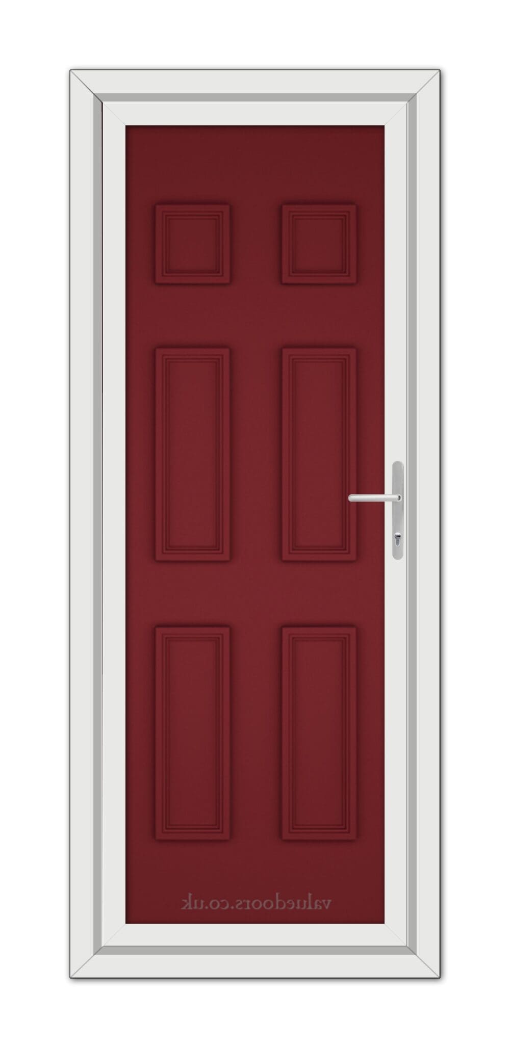 A vertical image of a closed Red Windsor Solid uPVC Door with six panels, framed in white, featuring a silver handle on the right side.