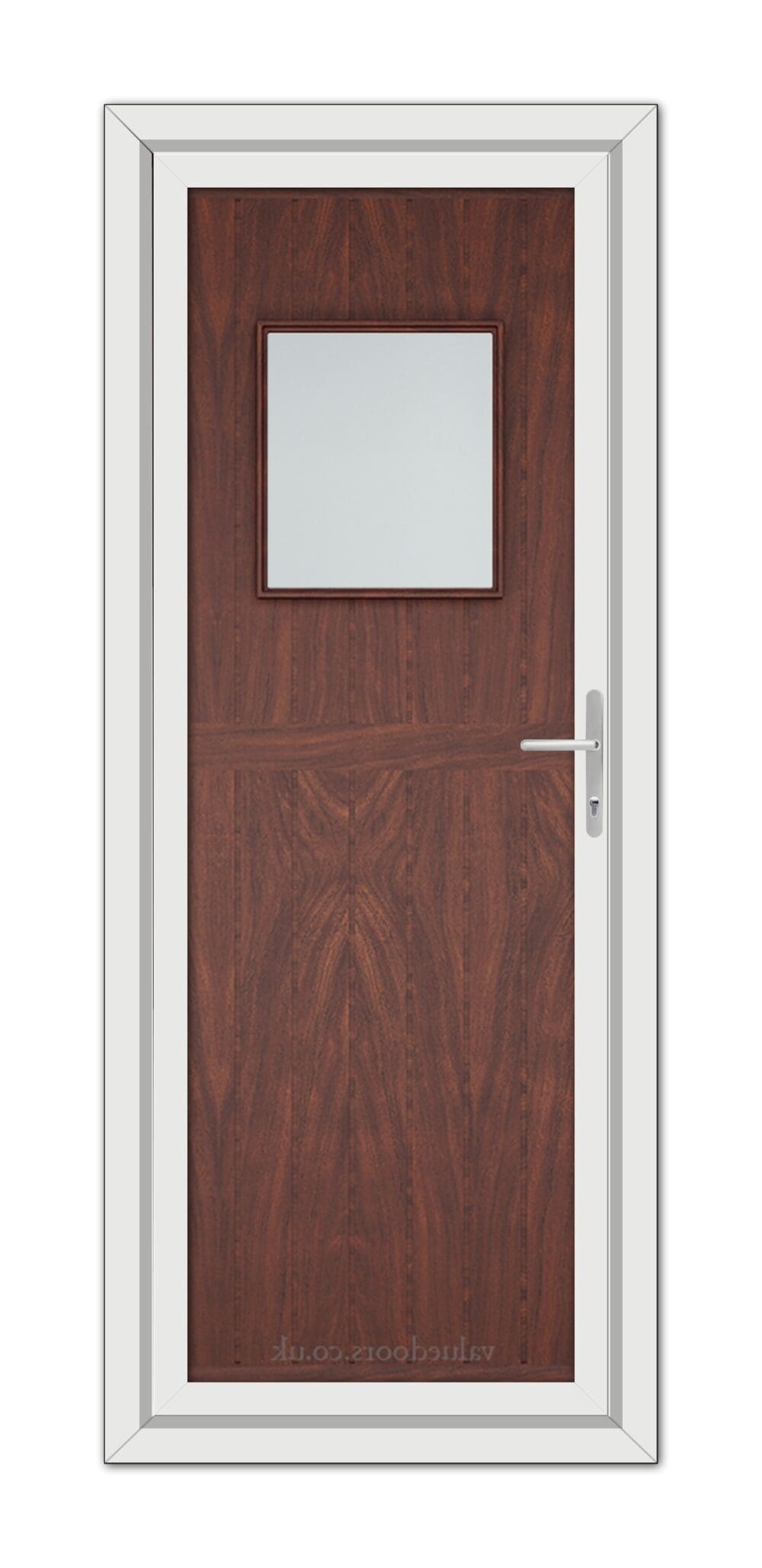 A modern door featuring a Rosewood Chatsworth uPVC Door finish and a small square window, framed by white trim and equipped with a silver handle.