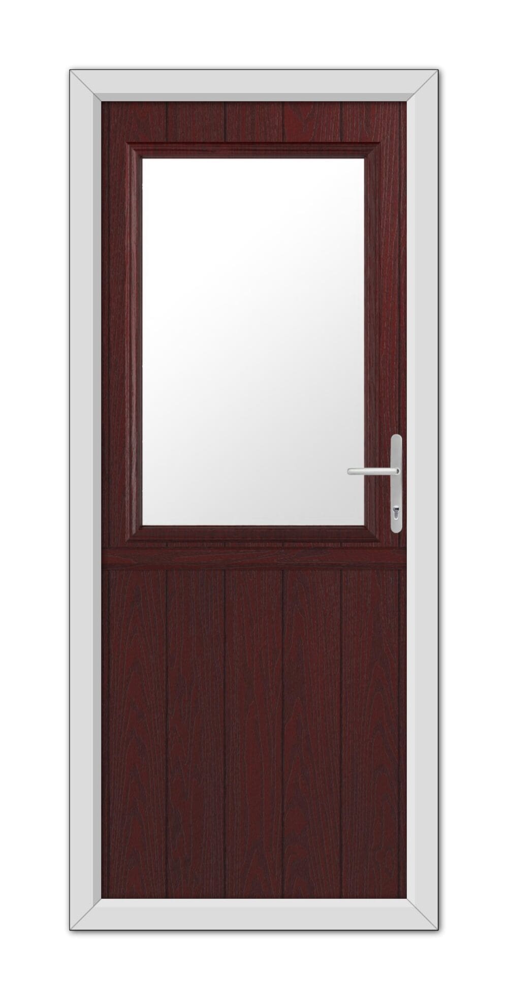 A closed Rosewood Clifton Stable Composite Door 48mm Timber Core with a square glass window and a silver handle, framed in white.