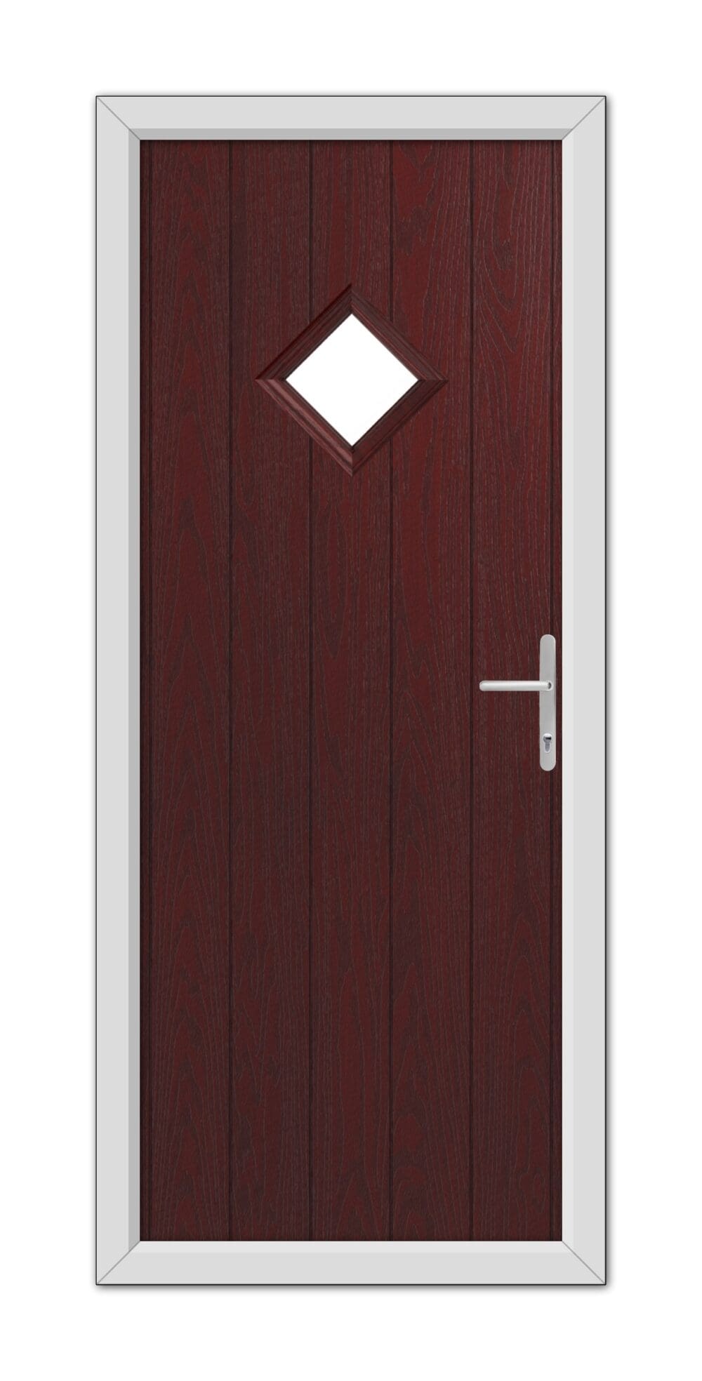 A closed Rosewood Cornwall Composite Door 48mm Timber Core with a dark red finish, featuring a small diamond-shaped window at eye level, framed in white with a modern handle.