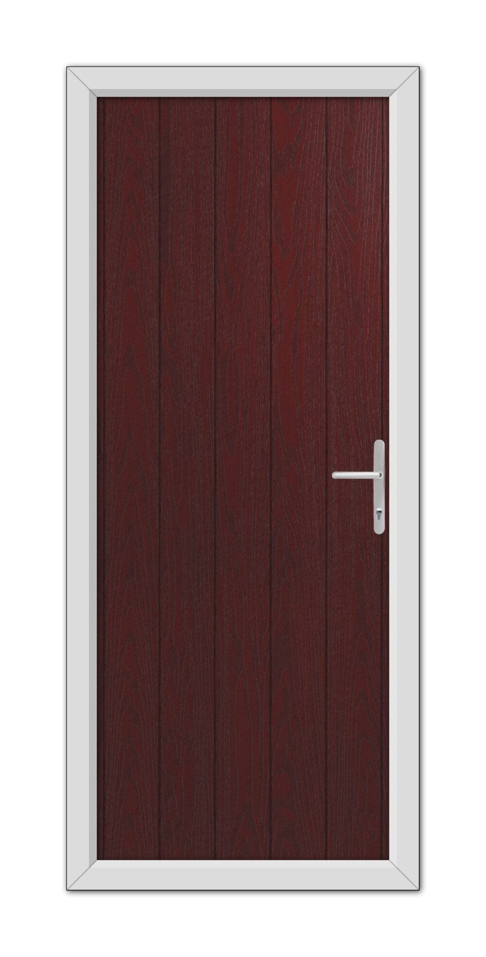 A Rosewood Gloucester Composite Door 48mm Timber Core with a white metallic handle, set within a gray door frame, viewed frontally.