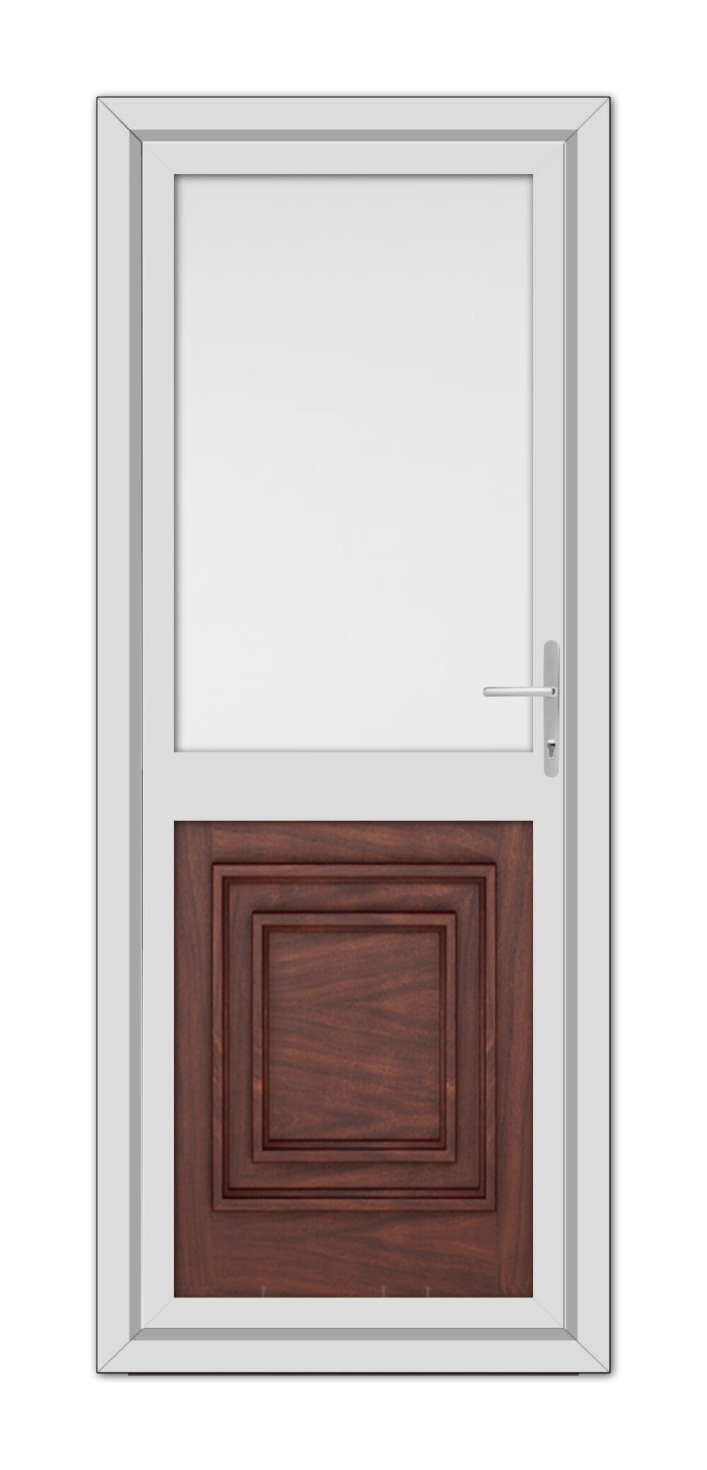 A Rosewood Hannover Half uPVC Back Door with a white frame featuring a top glass panel and a lower wooden panel, equipped with a metal handle.