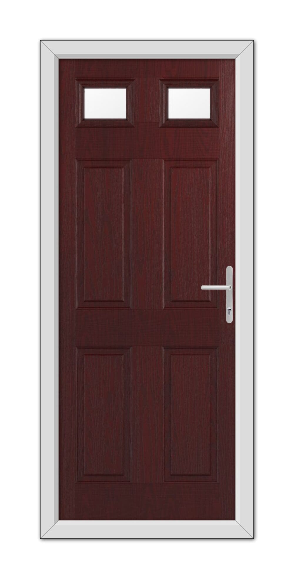 A Rosewood Middleton Glazed 2 Composite Door 48mm Timber Core with two square windows at the top and a silver handle, set in a white frame.