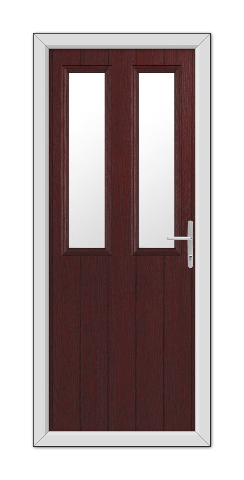 Rosewood Wellington Composite Door with white trim, featuring vertical rectangular windows and a modern handle, isolated on a white background.