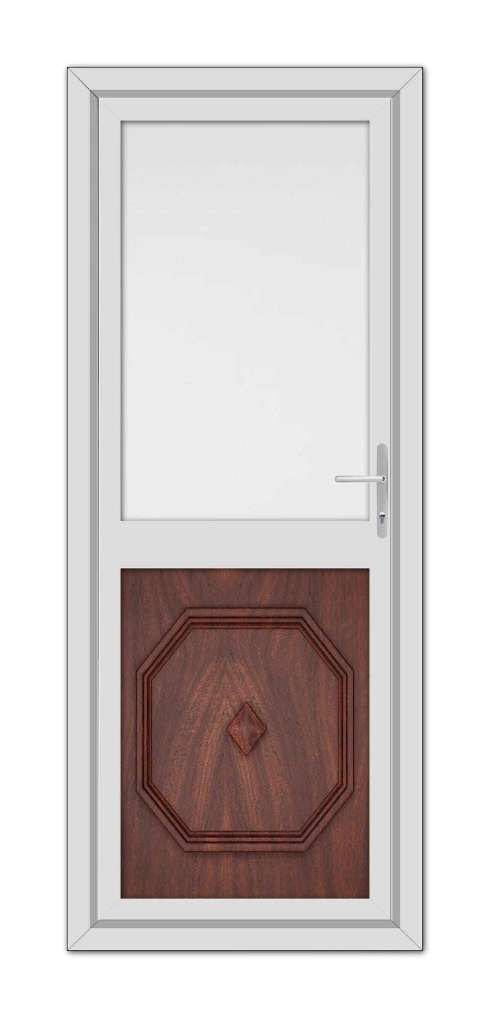 A modern Rosewood Westminster Half uPVC Back Door featuring a white frame, a wooden lower panel with a diamond design, a glass upper panel, and a metallic handle.