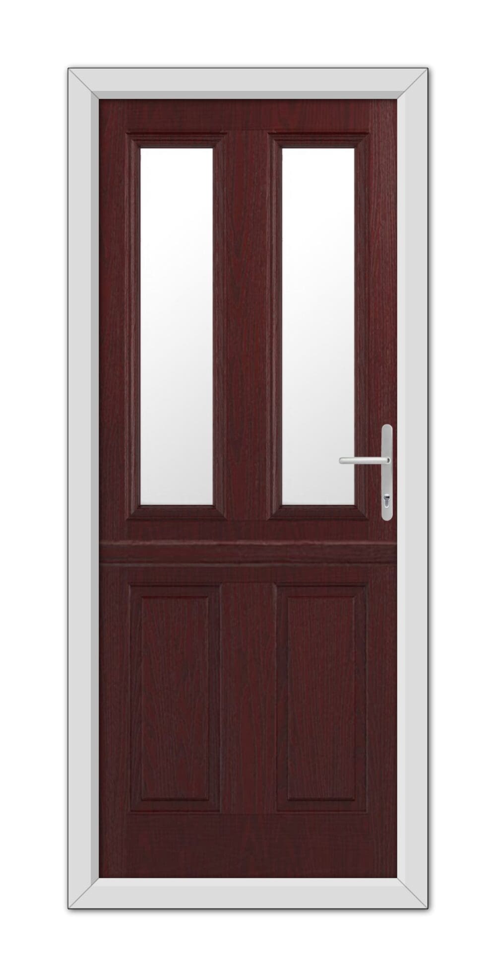 A Rosewood Whitmore Stable Composite Door 48mm Timber Core with two glass panels, framed in white, featuring a silver handle on the right side.