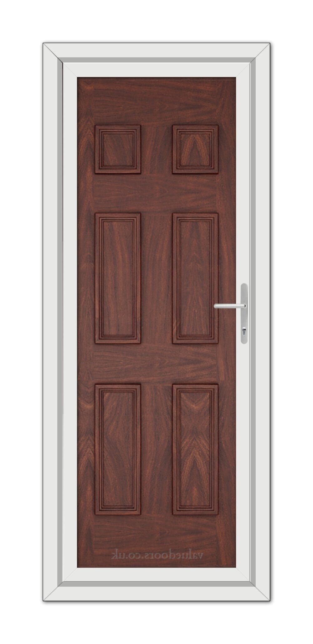 A modern Rosewood Windsor Solid uPVC door with six panels and a silver handle, framed by a white doorframe.