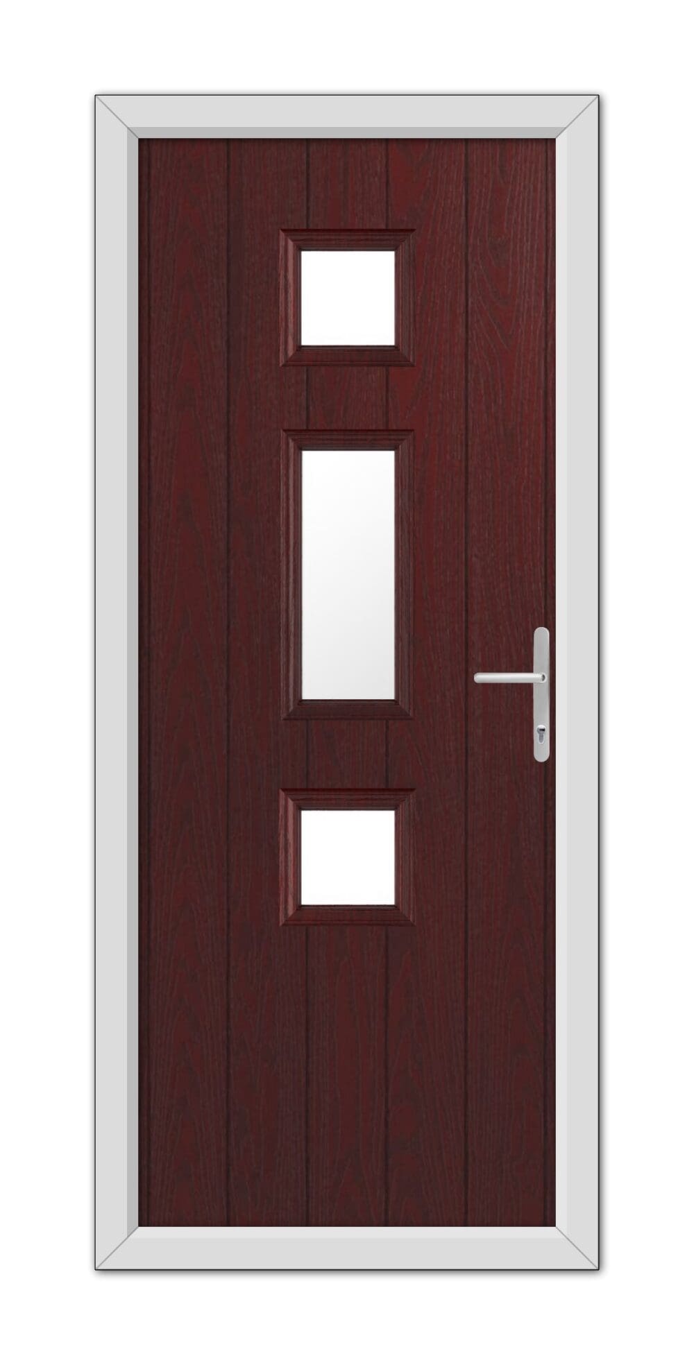 A modern Rosewood York Composite Door 48mm Timber Core featuring three rectangular glass panels and a white handle, set within a white frame.