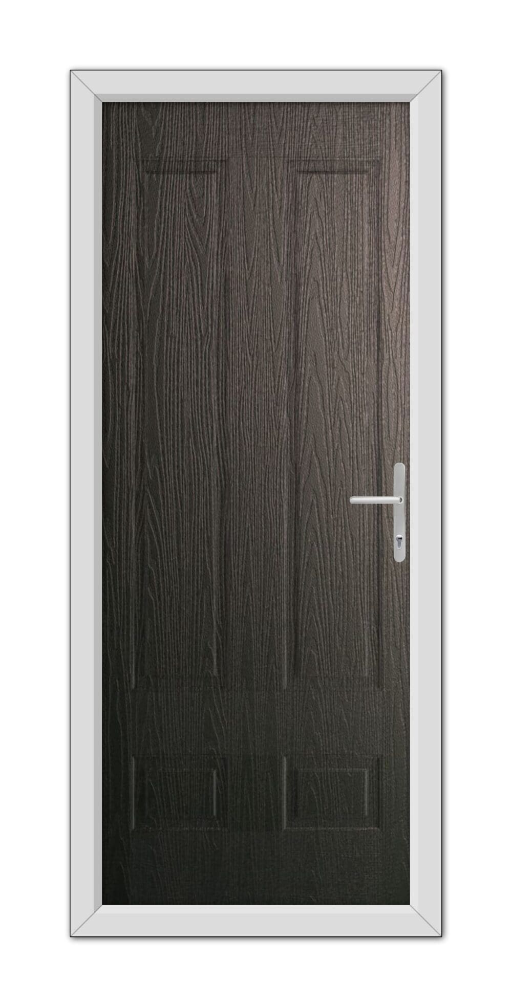 A modern, Schwarzbraun Aston Solid Composite Door 48mm Timber Core with a silver handle, set within a white door frame.