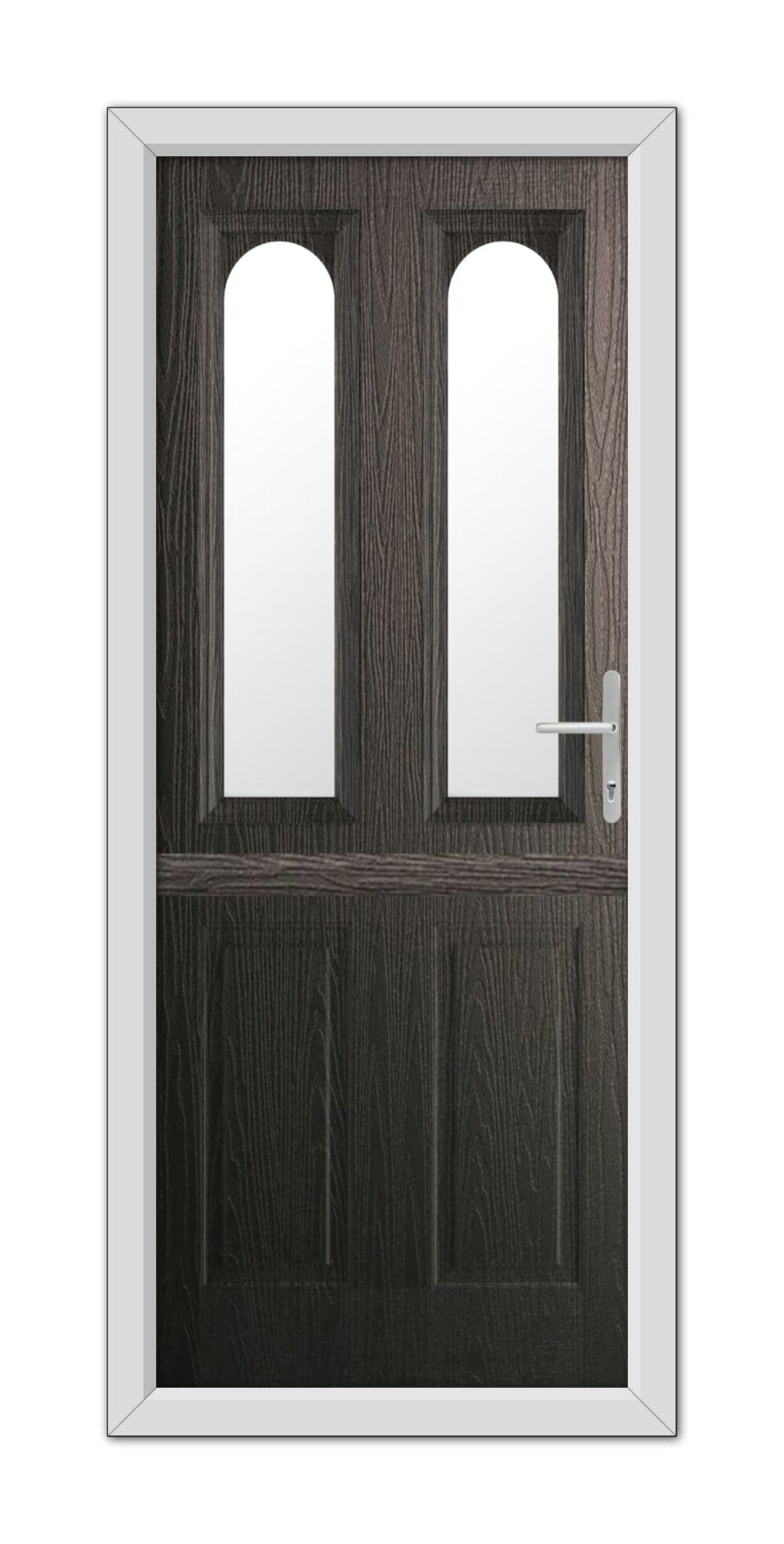 A Schwarzbraun Elmhurst Stable Composite Door 48mm Timber Core with two vertical glass panels and a metallic handle, isolated on a white background.