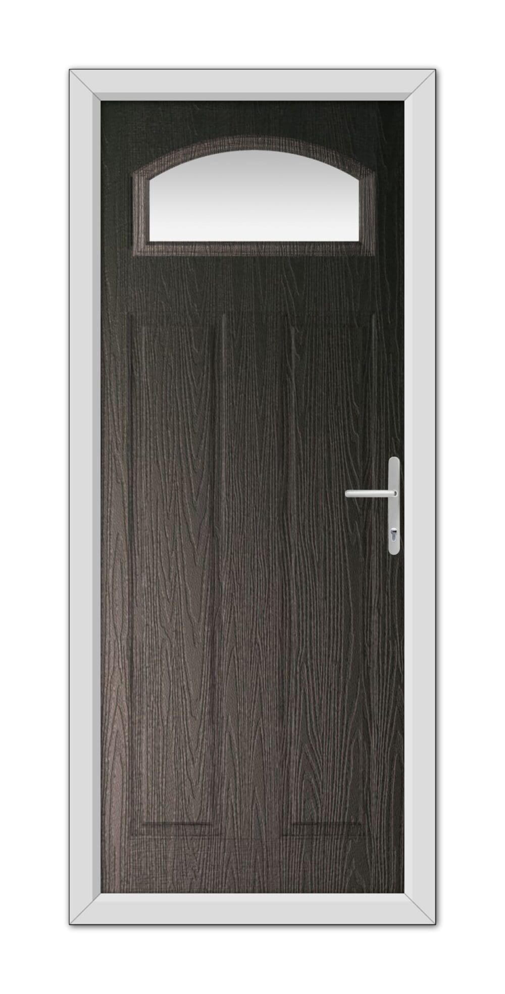 A Schwarzbraun Harlington Composite Door 48mm Timber Core with a rectangular frosted glass window at the top, framed in white, with a silver handle on the right side.