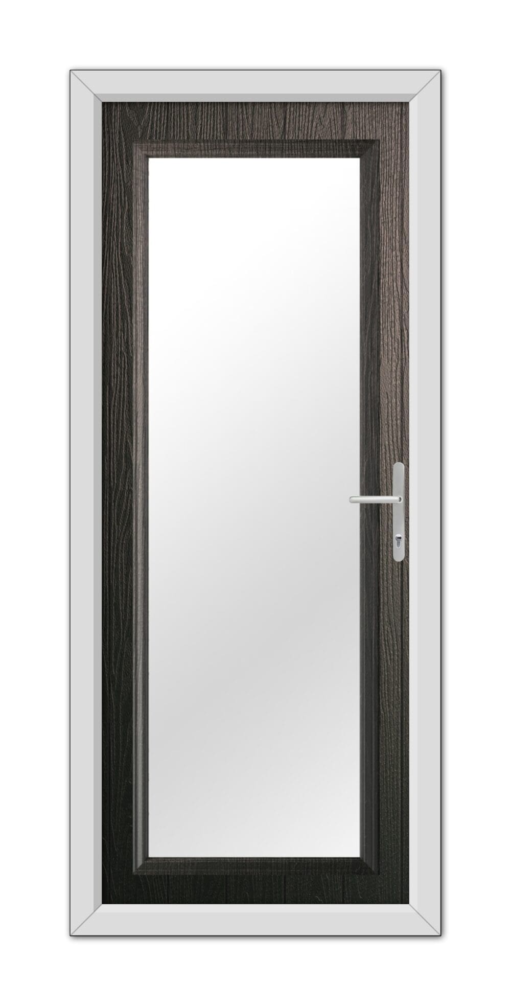 A Schwarzbraun Hatton Composite Door 48mm Timber Core with a vertical glass panel, framed in white, featuring a contemporary steel handle on the right.