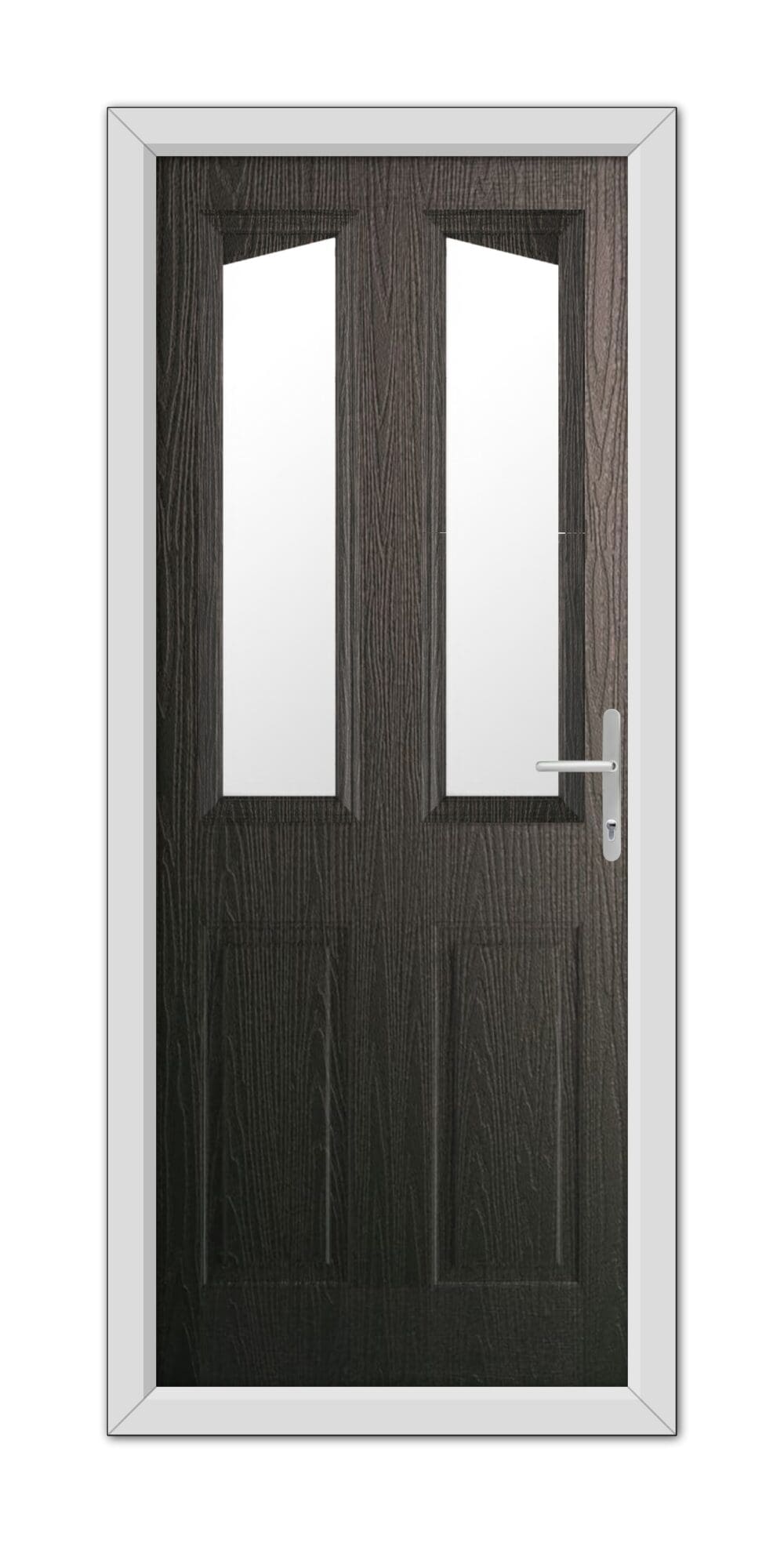 Schwarzbraun Highbury Composite Door 48mm Timber Core with twin rectangular glass panels and a metallic handle, set within a light grey frame, isolated on a white background.