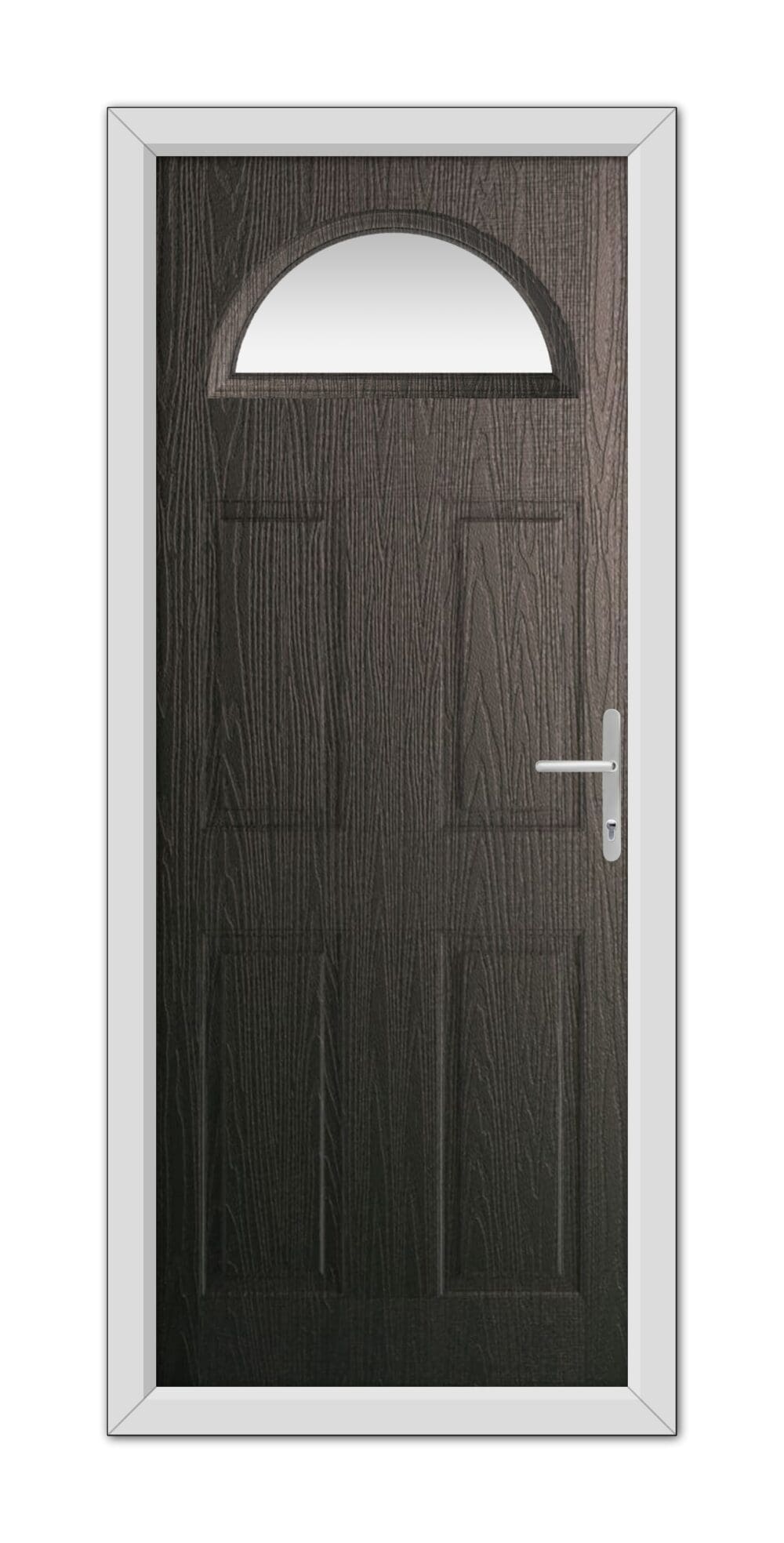 A modern Schwarzbraun Winslow 1 Composite Door 48mm Timber Core with a semi-circular window at the top, featuring a white handle and framed in a white door frame.