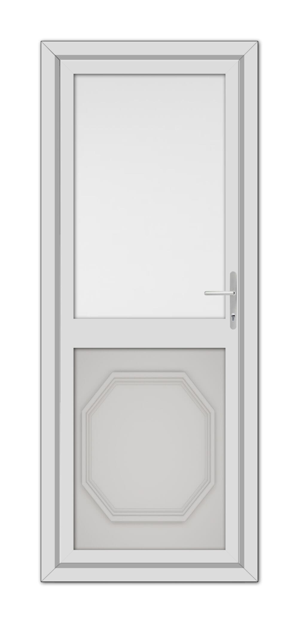 A closed modern white Silver Grey Buckingham Half uPVC Back Door featuring a small square window at the top and an octagonal design at the bottom, with a silver handle on the right side.