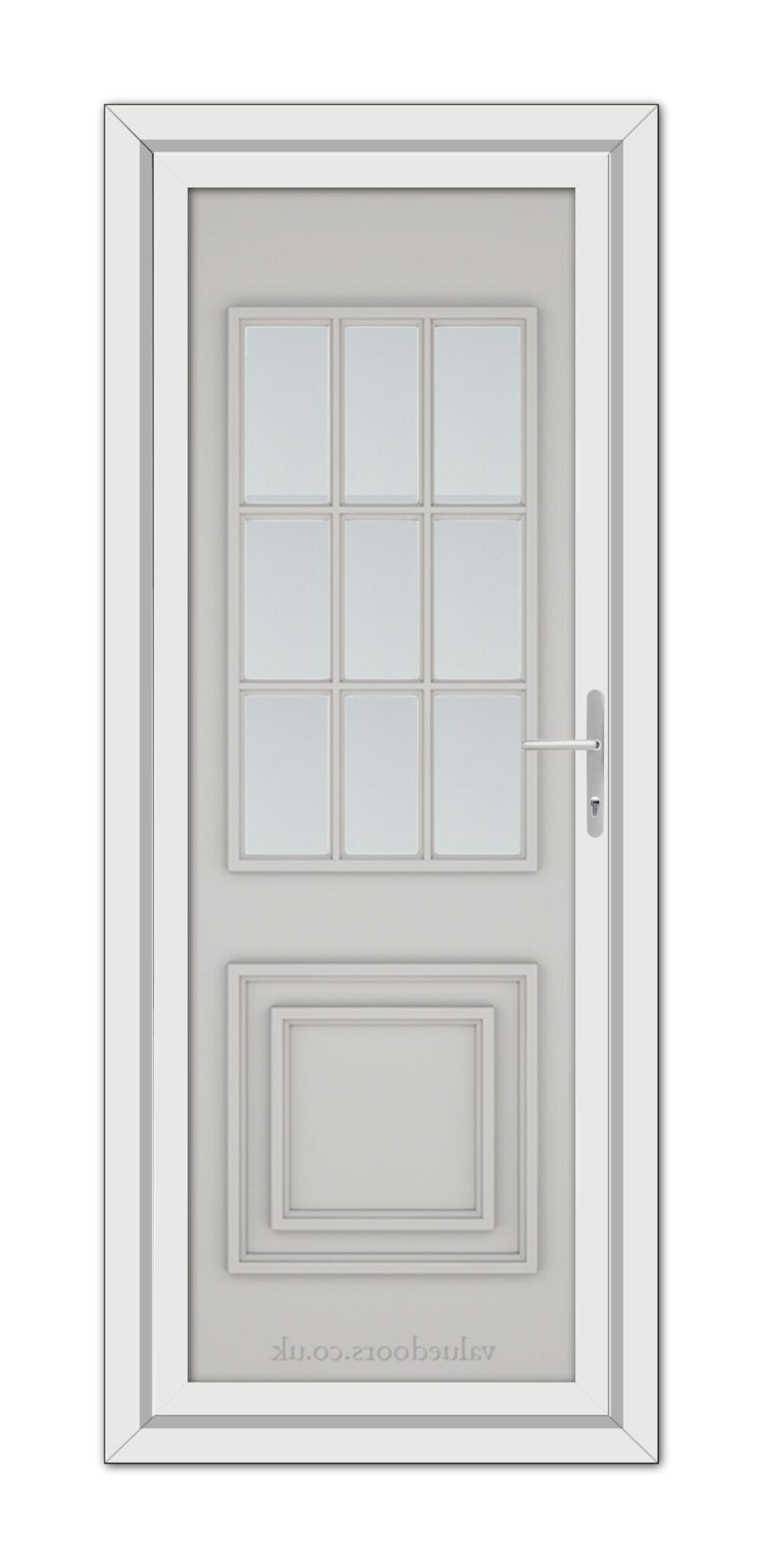 A vertical image of a closed, modern Silver Grey Cambridge One uPVC Door with a window featuring six glass panes and a metal handle.