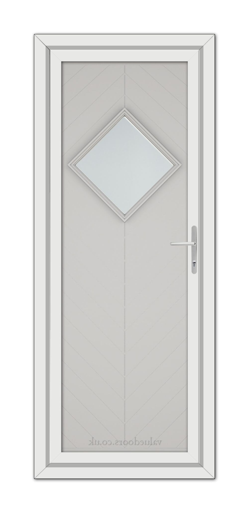 A Silver Grey Hamburg uPVC door with a diamond shaped window.