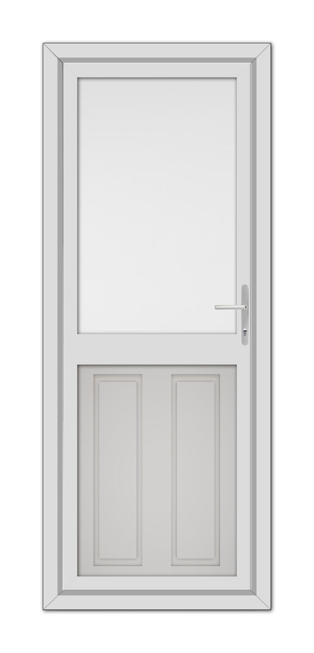 A Silver Grey Manor Half uPVC Back Door with a window at the top, two recessed panels at the bottom, and a metallic handle on the right side.