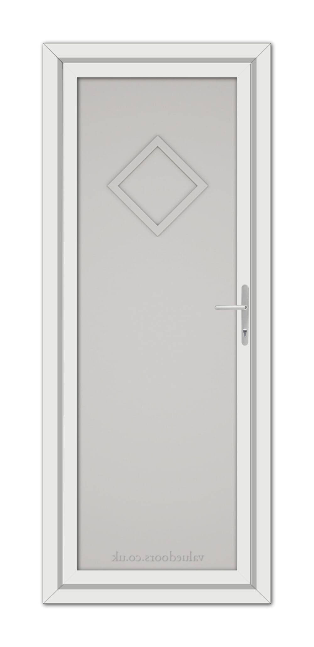 A Silver Grey Modern 5131 Solid uPVC door with a diamond-shaped window and a silver handle, viewed from the front.