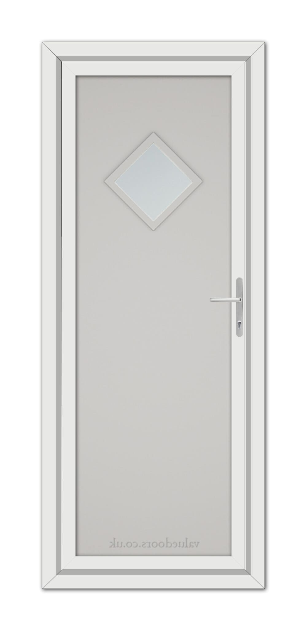 A Silver Grey Modern 5131 uPVC door featuring a diamond-shaped window at the top and a metallic handle on the right side.