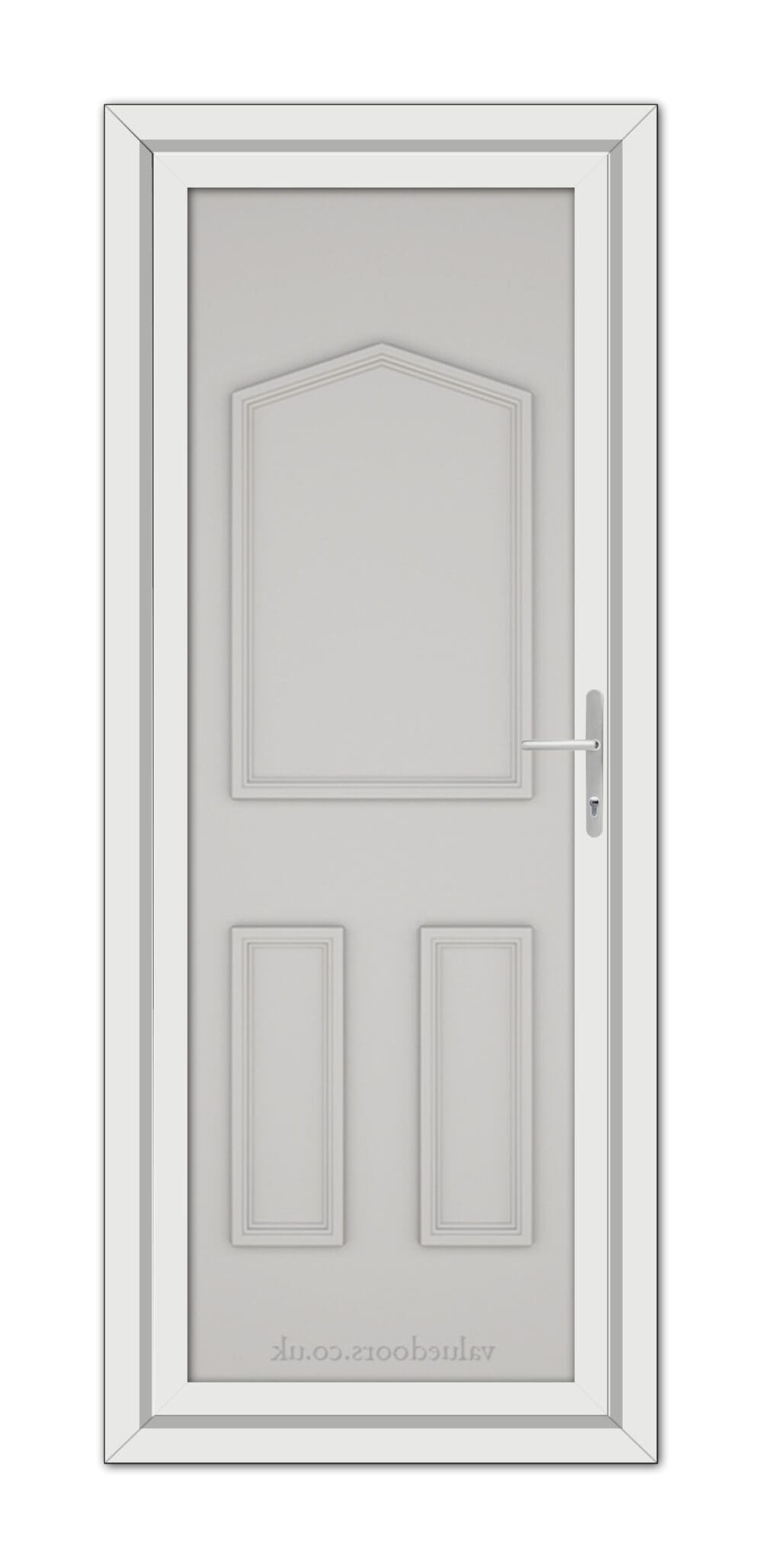 A white Silver Grey Oxford Solid uPVC Door with a silver handle.