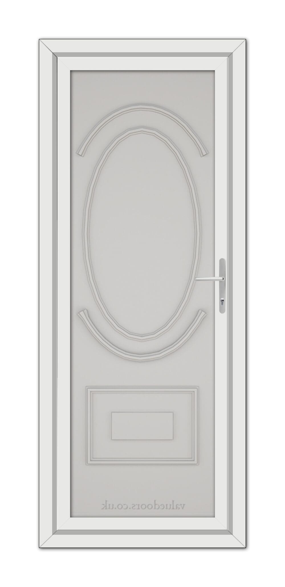 Silver Grey Richmond Solid uPVC Door with an oval glass panel at the top and a rectangular panel at the bottom, featuring a simple handle on the right side.