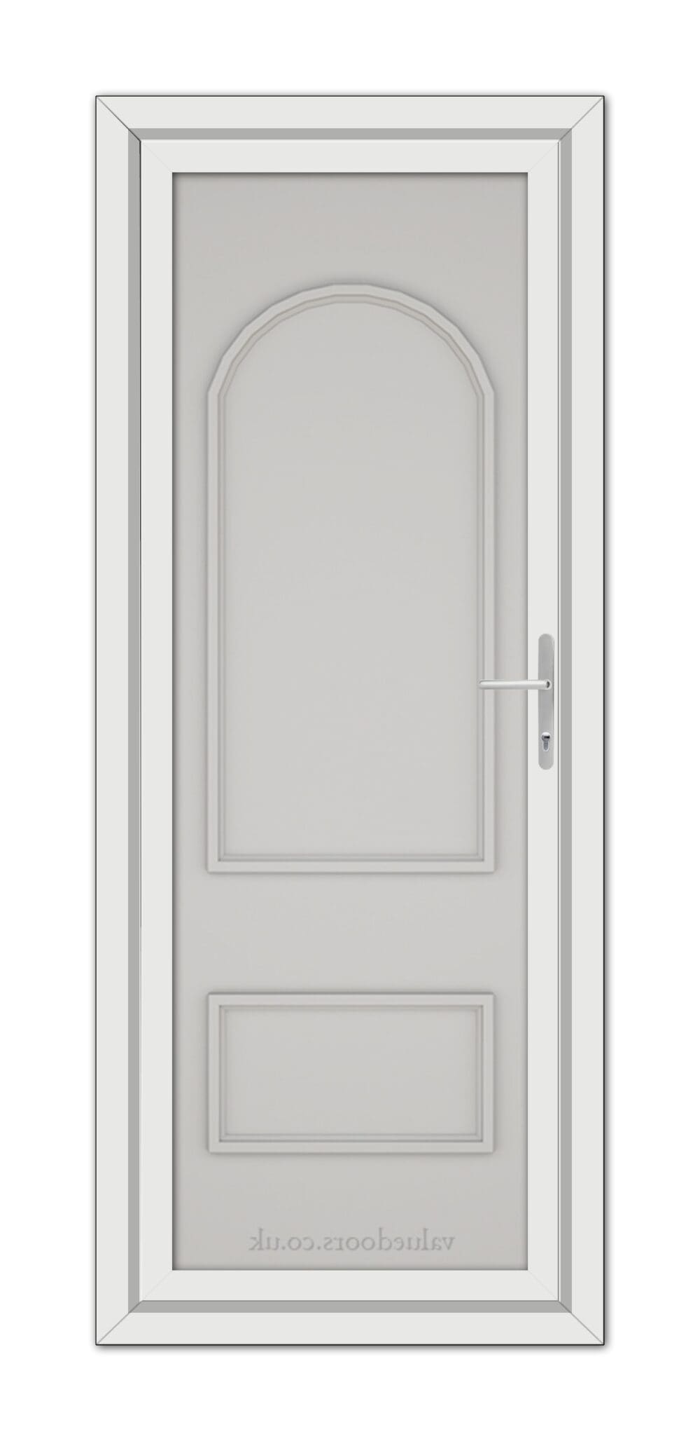 A white Silver Grey Rockingham Solid uPVC door with a silver handle.