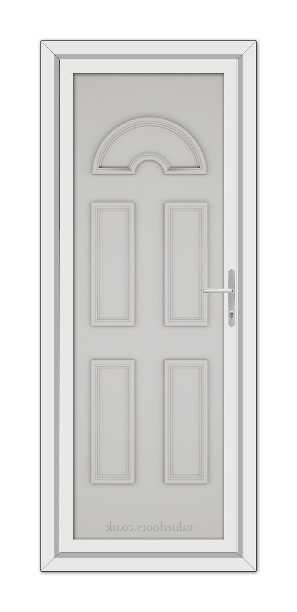 A Silver Grey Sandringham Solid uPVC door with four panels and a semi-circular decorative window at the top, featuring a metallic handle on the right side.