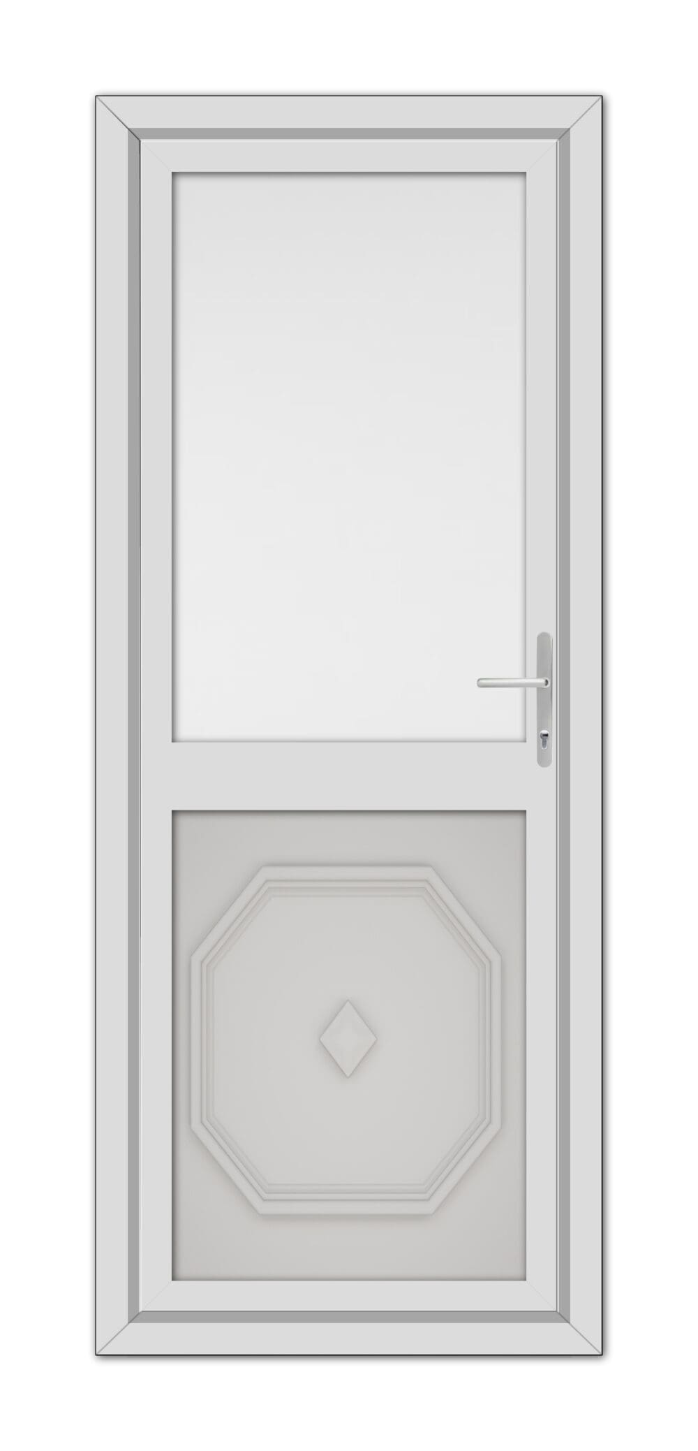 A Silver Grey Westminster Half uPVC Back Door with a geometric panel at the bottom and a small square window at the top, fitted with a modern handle.