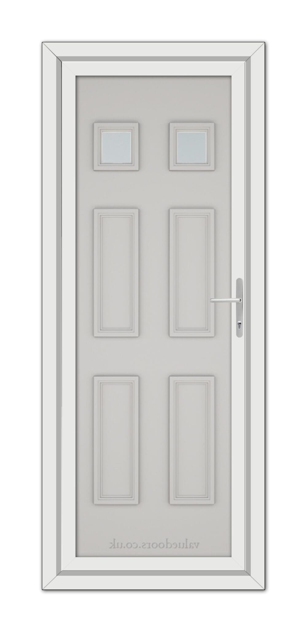 A modern, Silver Grey Windsor uPVC door featuring three small, square windows at the top and four vertical panels, complete with a metallic handle on the right side.