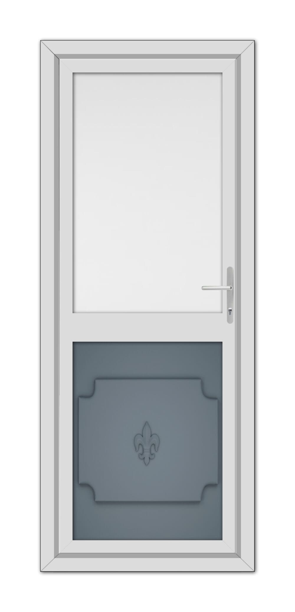 Slate Grey Abbey Half uPVC Back Door with a large transparent window on top, a frosted glass panel with a fleur-de-lis design in the middle, and a modern handle on the right.