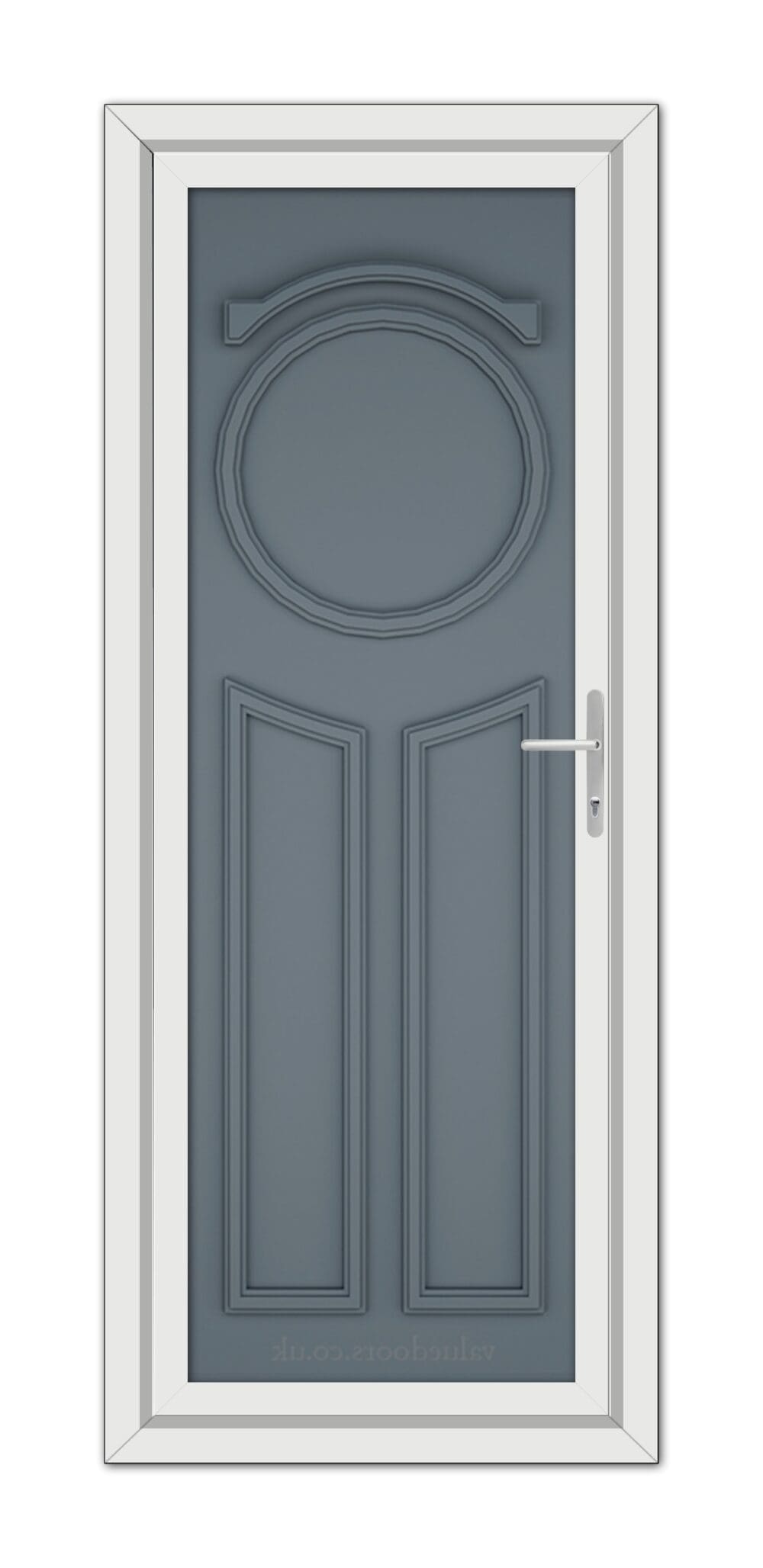 A Slate Grey Blenheim Solid uPVC door with a round design.