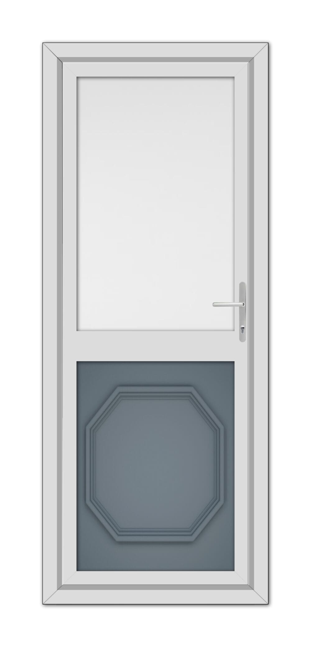 A closed Slate Grey Buckingham Half uPVC Back Door in a white frame with a small square window at the top and an octagonal panel at the bottom, featuring a metallic handle on the right side.