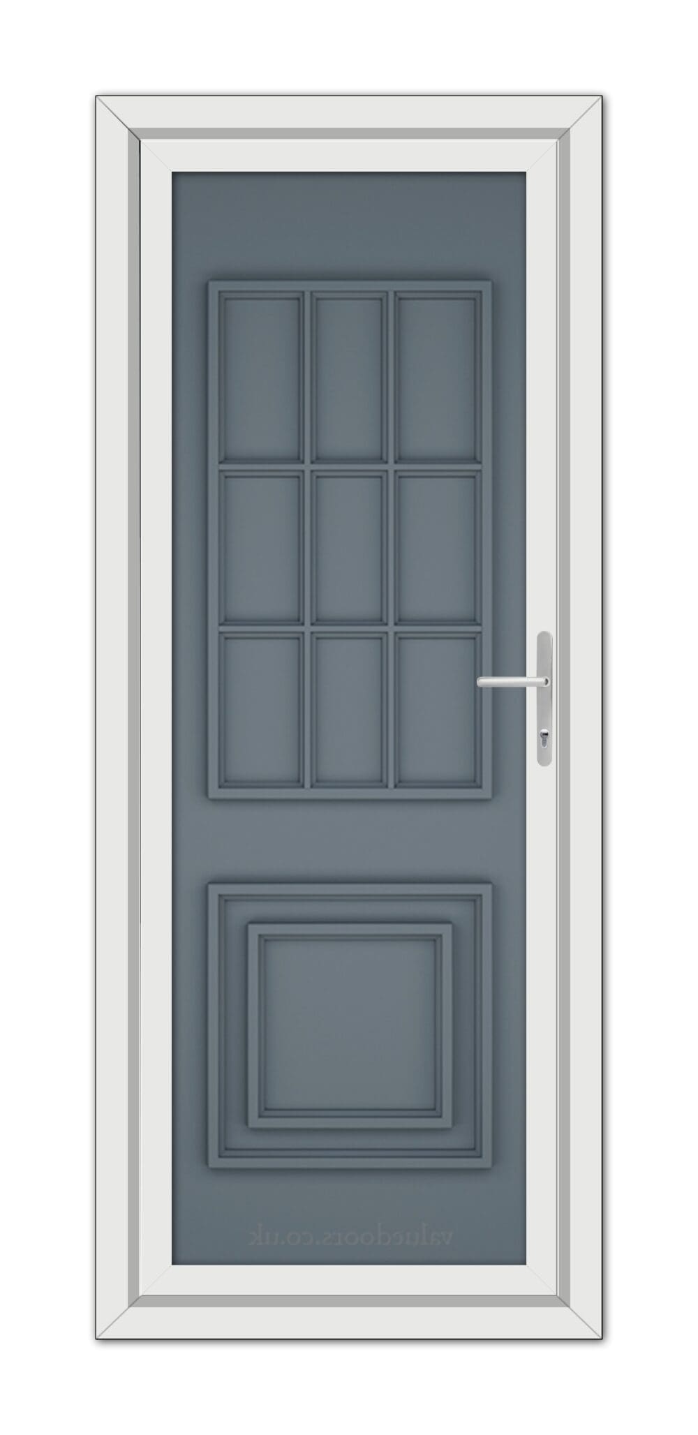 A Slate Grey Cambridge One Solid uPVC door with a white frame.