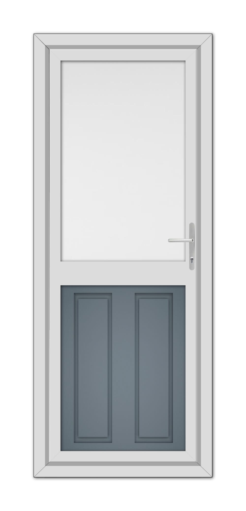 A Slate Grey Manor Half uPVC Back Door with a white frame, featuring a large glass window at the top and two solid lower panels, complete with a metal handle on the right side.