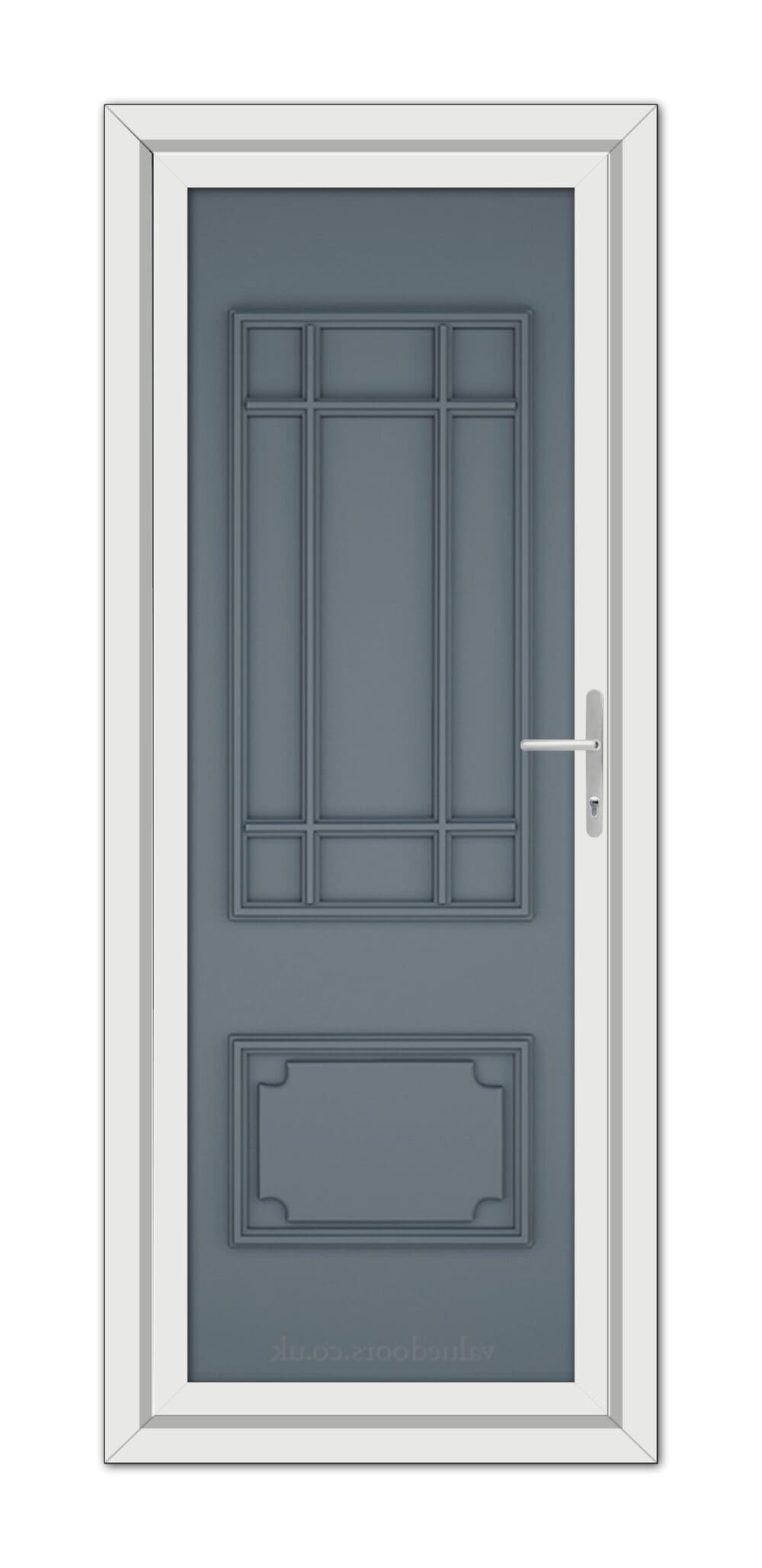 A Slate Grey Seville Solid uPVC door with a white frame.